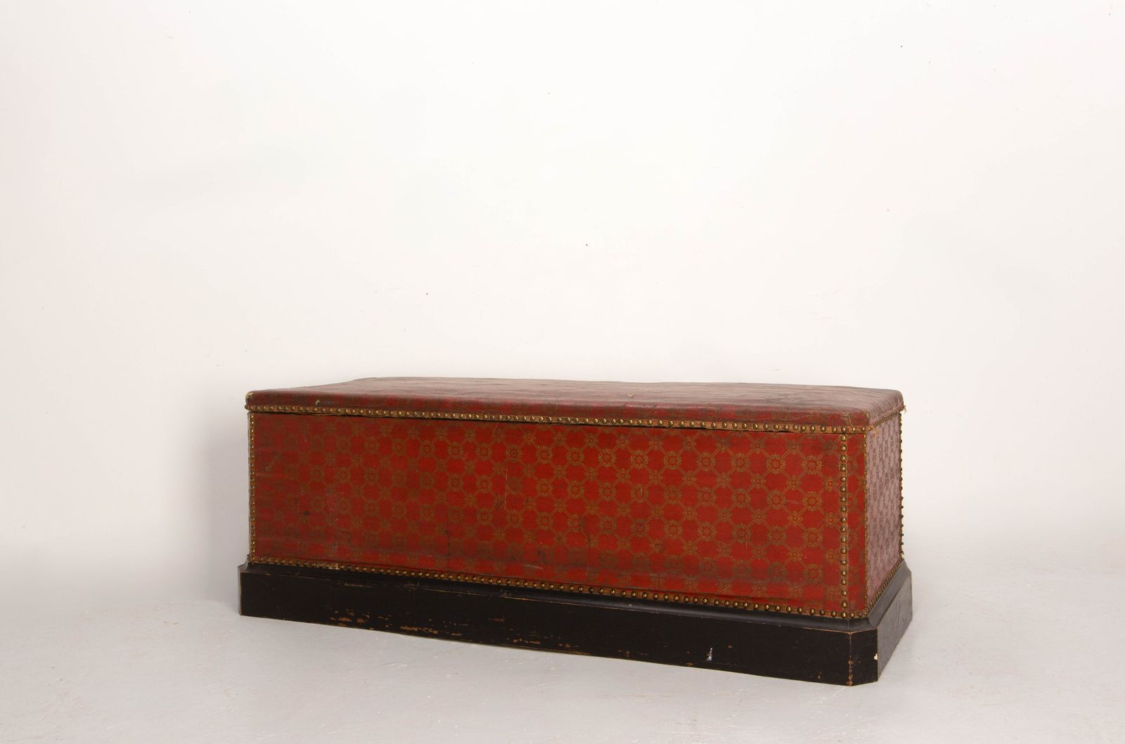 Antique Red And Golden Rustic Coffer Storage Bench Brass Studs Pine Chest French photo furniture