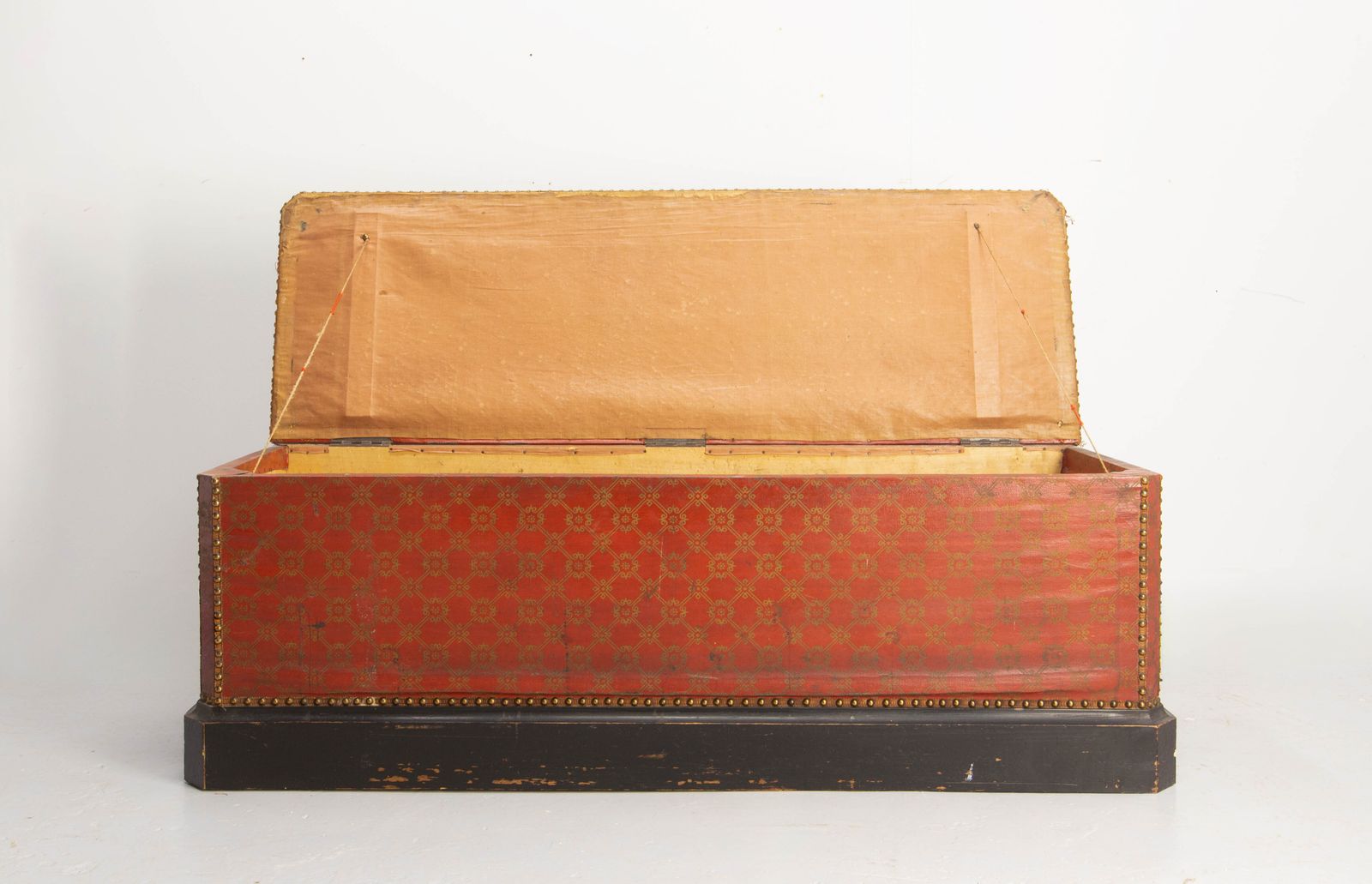 photo for sale Antique Red And Golden Rustic Coffer Storage Bench Brass Studs Pine Chest French