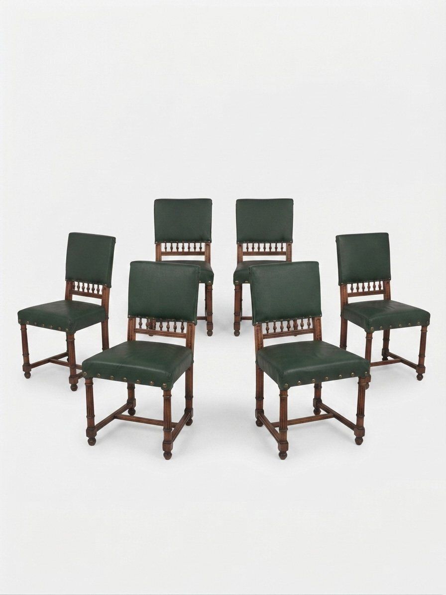 Vintage eetkamerstoelen in donkergroen met messing sierspijkers en spijlenrugleuning, set van 6