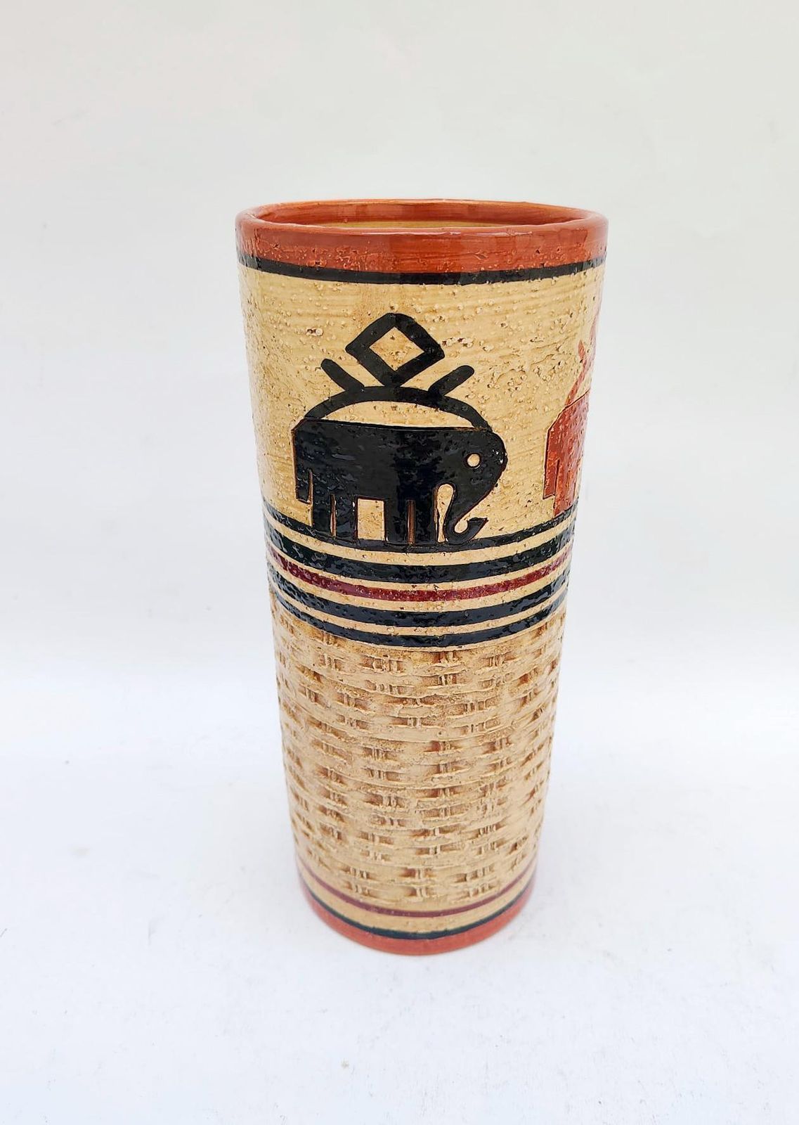 Bitossi Cylindrical Ceramic Vase With Beige And Red Elephants, Rosenthal Netter, Vintage, 1970s