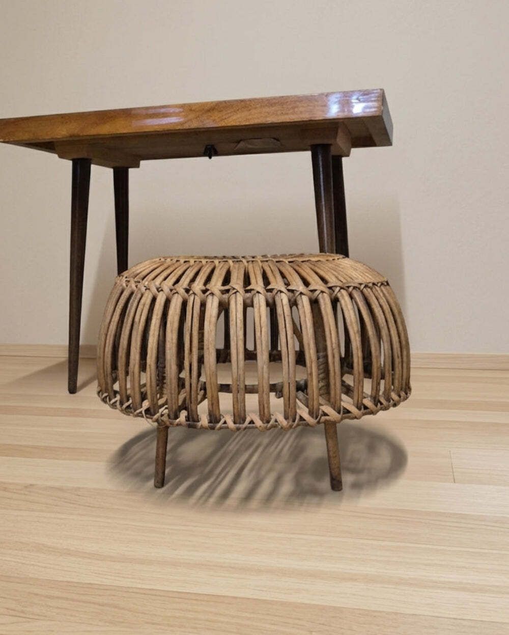 Ottoman Mid Century Woven Rattan Stool By Franco Albini, 1950s, Italy, 50 × 50 × 30 Cm photo Meubels