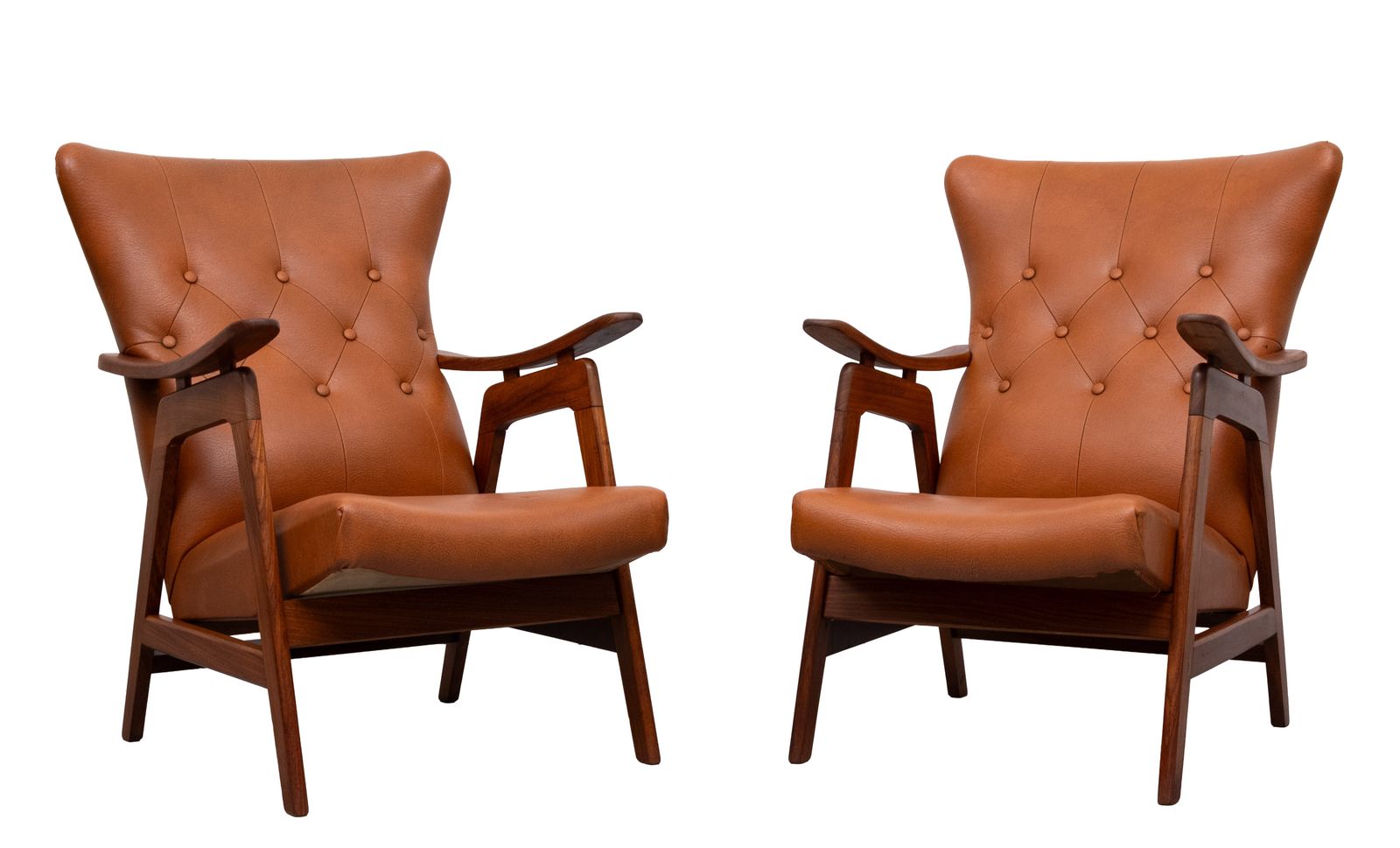 Teakhouten loungestoelen met imitatieleer, jaren 1960, Nederland