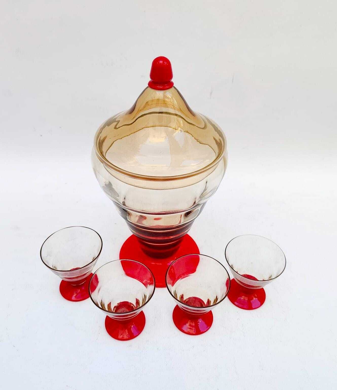 Nason Moretti set van 4 rosolioglazen en Murano glazen houder, vintage design photo furniture