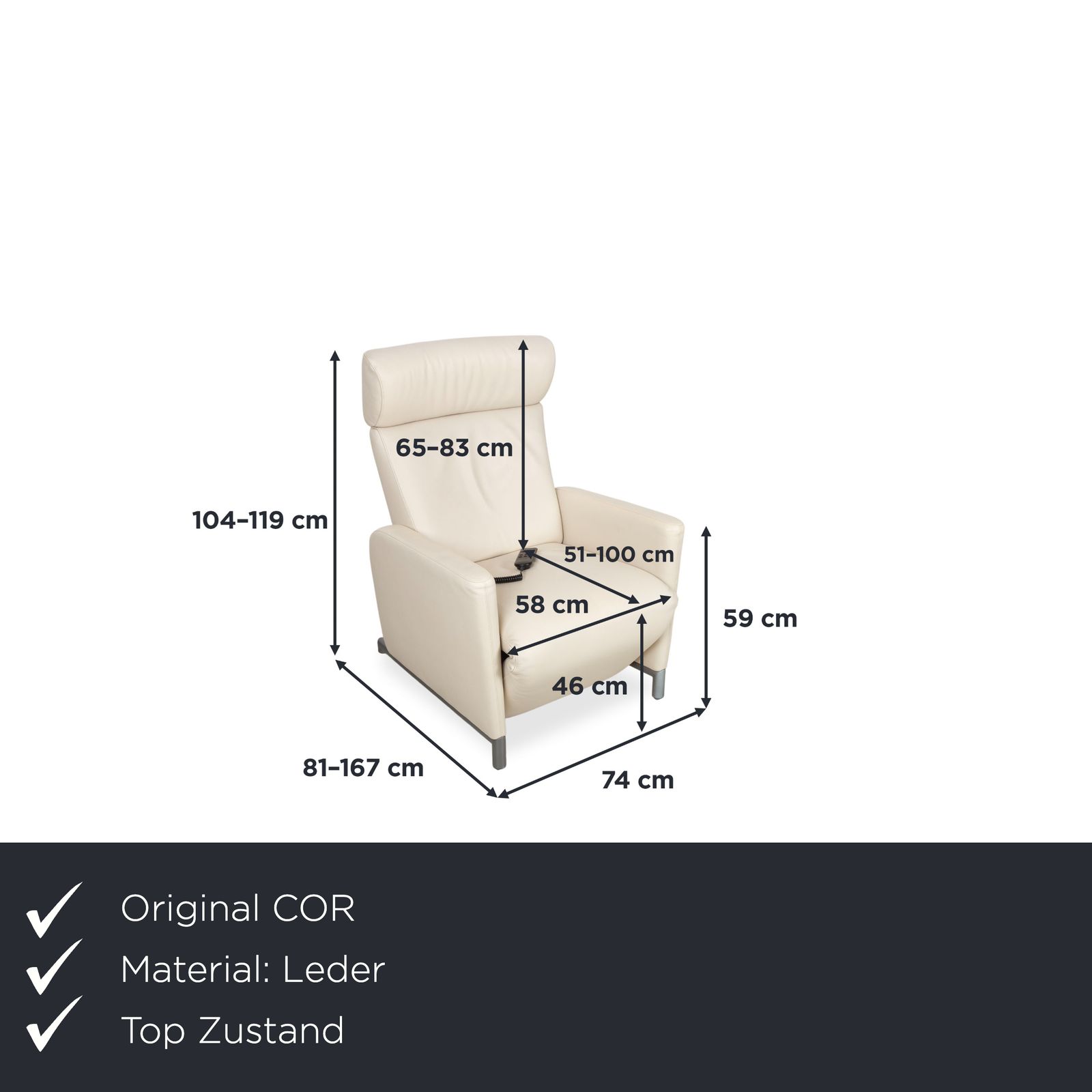 Fauteuil Cor Bico en cuir crème beige, fonction électrique de relaxation photo furniture