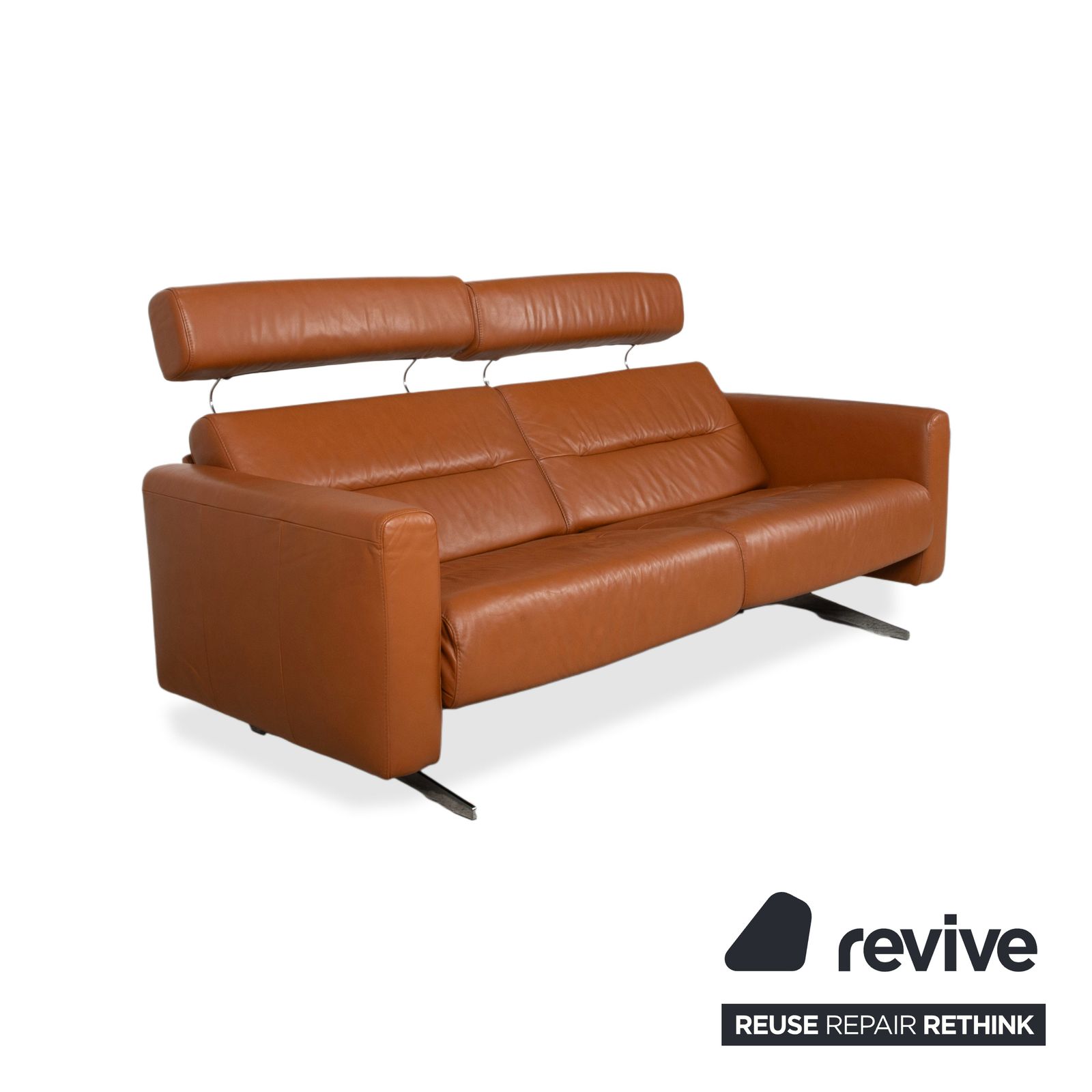 Canapé 3 places Stressless Stella en cuir lisse cognac et chrome, avec appuie-têtes, fonction inclinable manuelle photo Mobilier