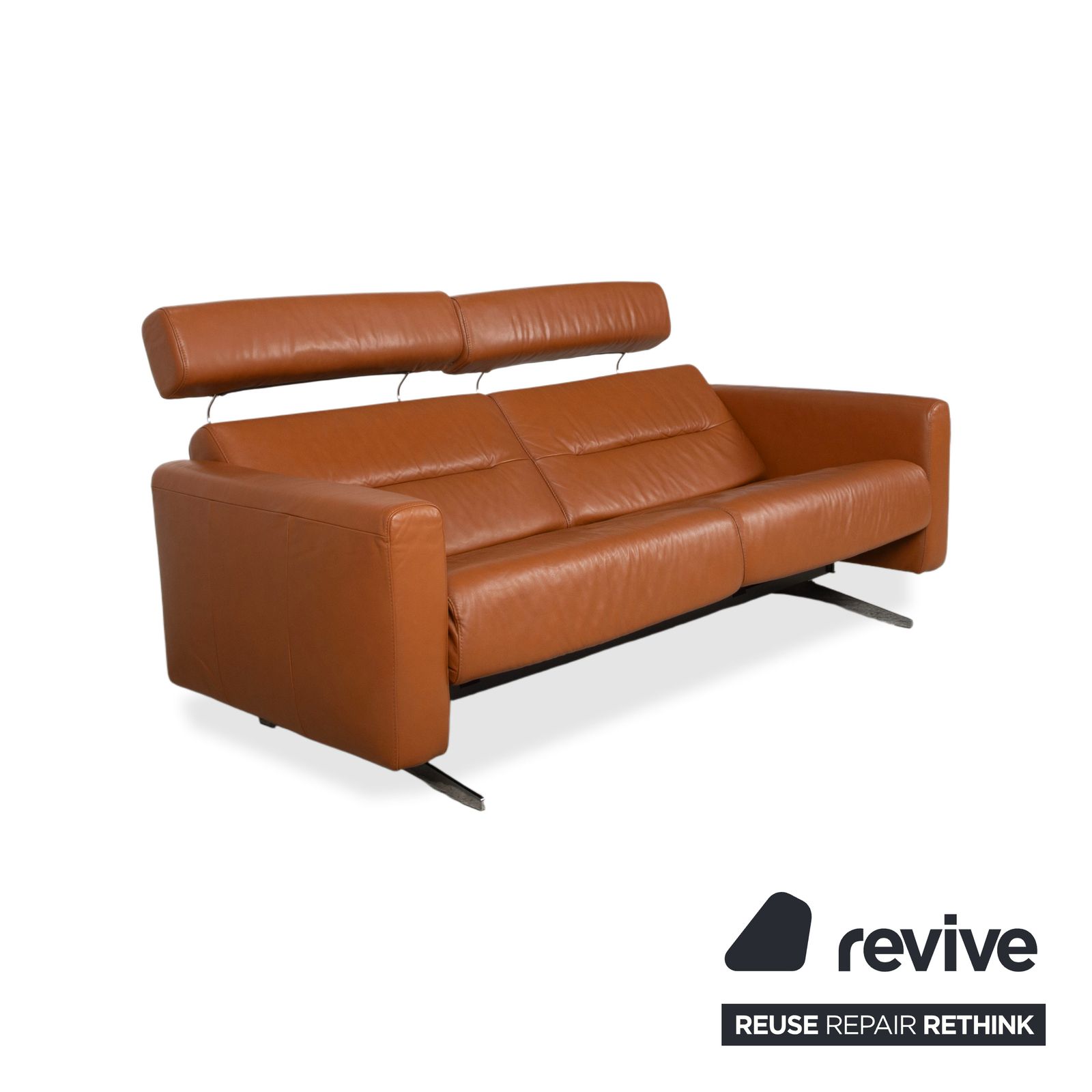 Canapé 3 places Stressless Stella en cuir lisse cognac et chrome, avec appuie-têtes, fonction inclinable manuelle photo 3688.0