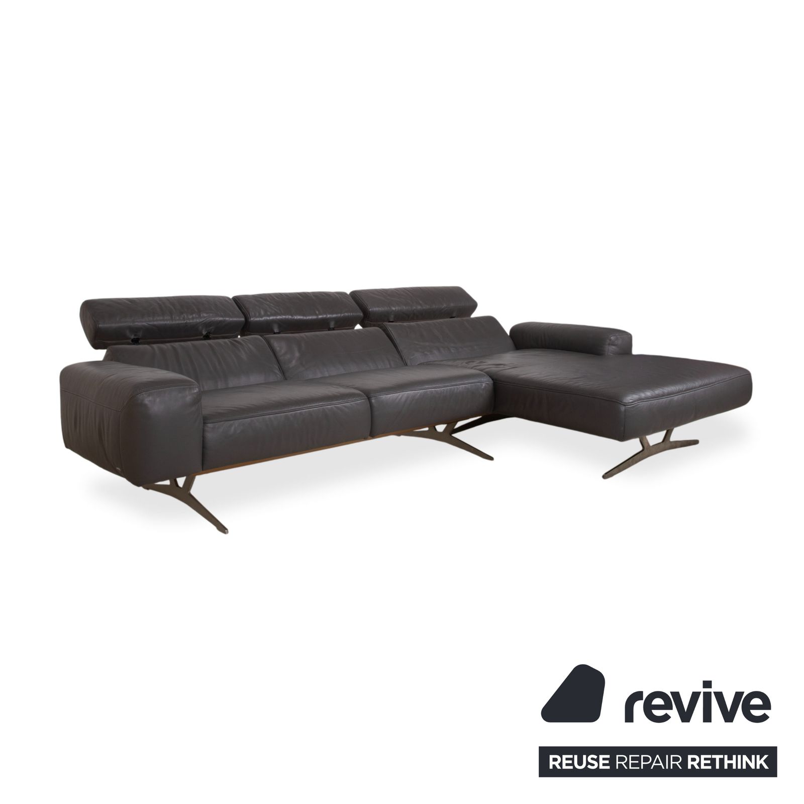 Koinor Monroe Leather Corner Sofa Grey Anthracite Wood Brown Chaise Lounge Right Manual Function photo 5477.0