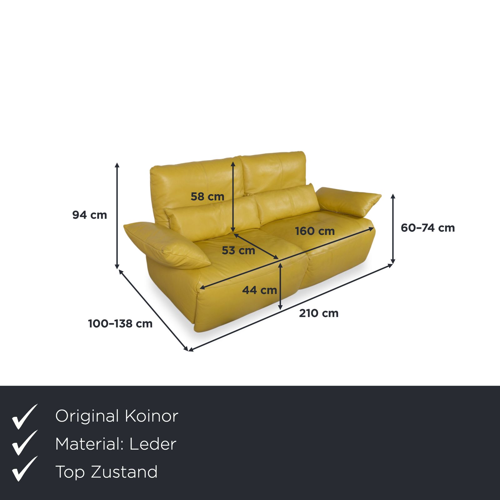 Canapé 2 places Koinor Easy en cuir jaune, fonctions électrique et manuelle photo furniture