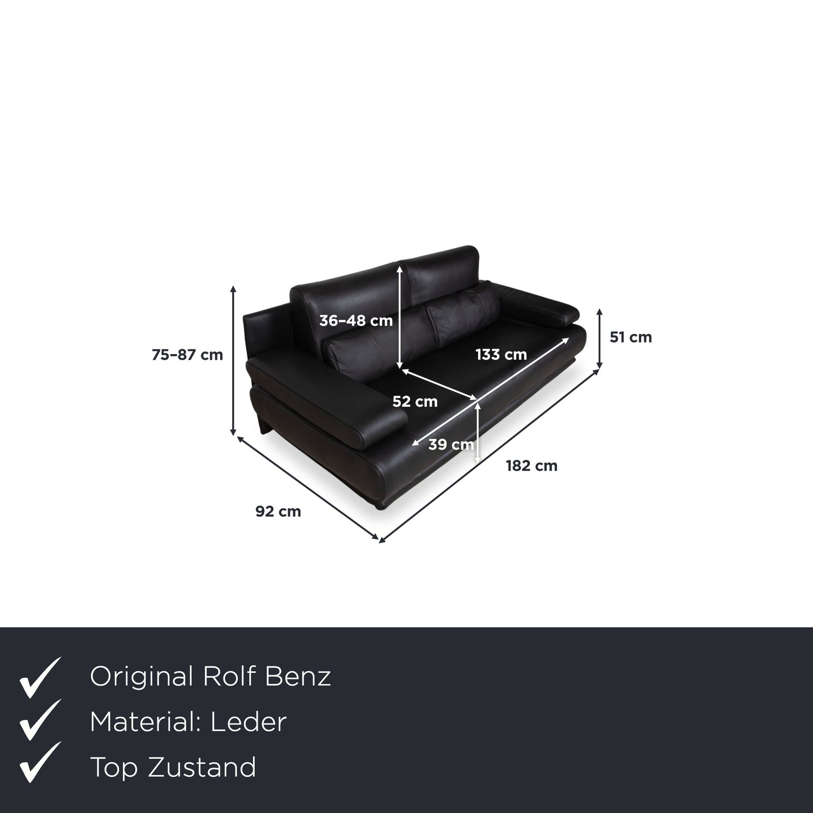 Canapé 2 places en cuir Rolf Benz 6500 noir, fonction manuelle photo furniture