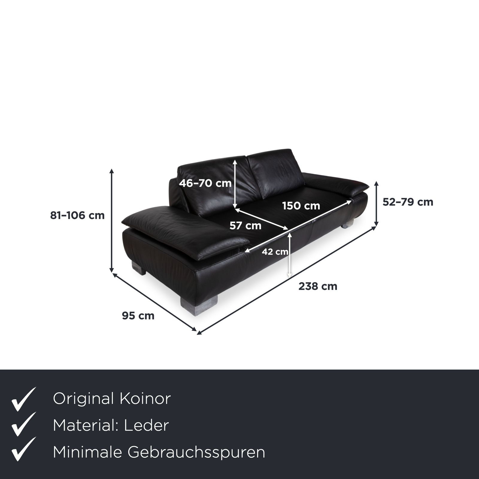 Koinor Volare Leather Three Seater Black Manual Function Sofa photo furniture