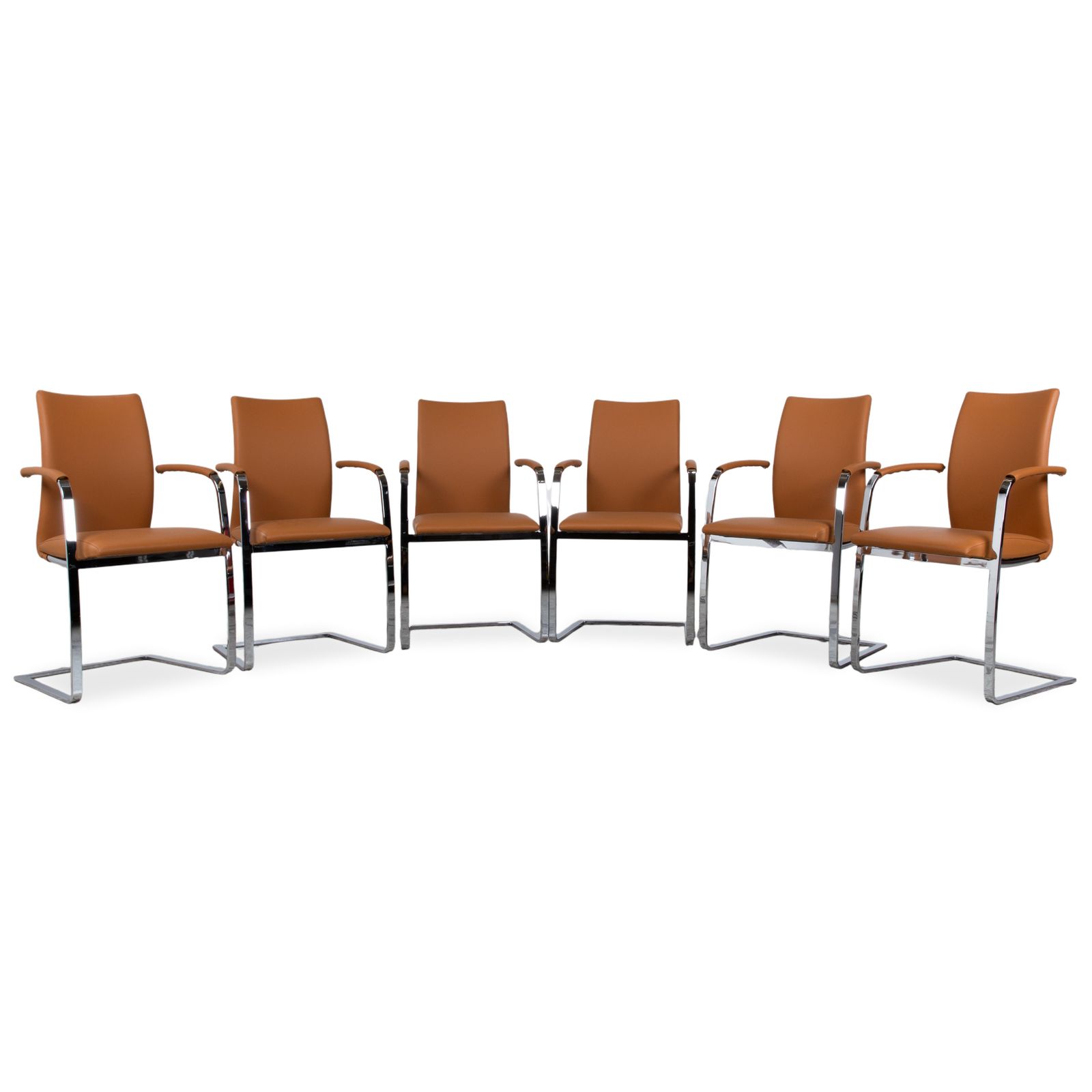 Set Of 6 Tonon Swing Leather Chrome Chairs, Brown Cognac