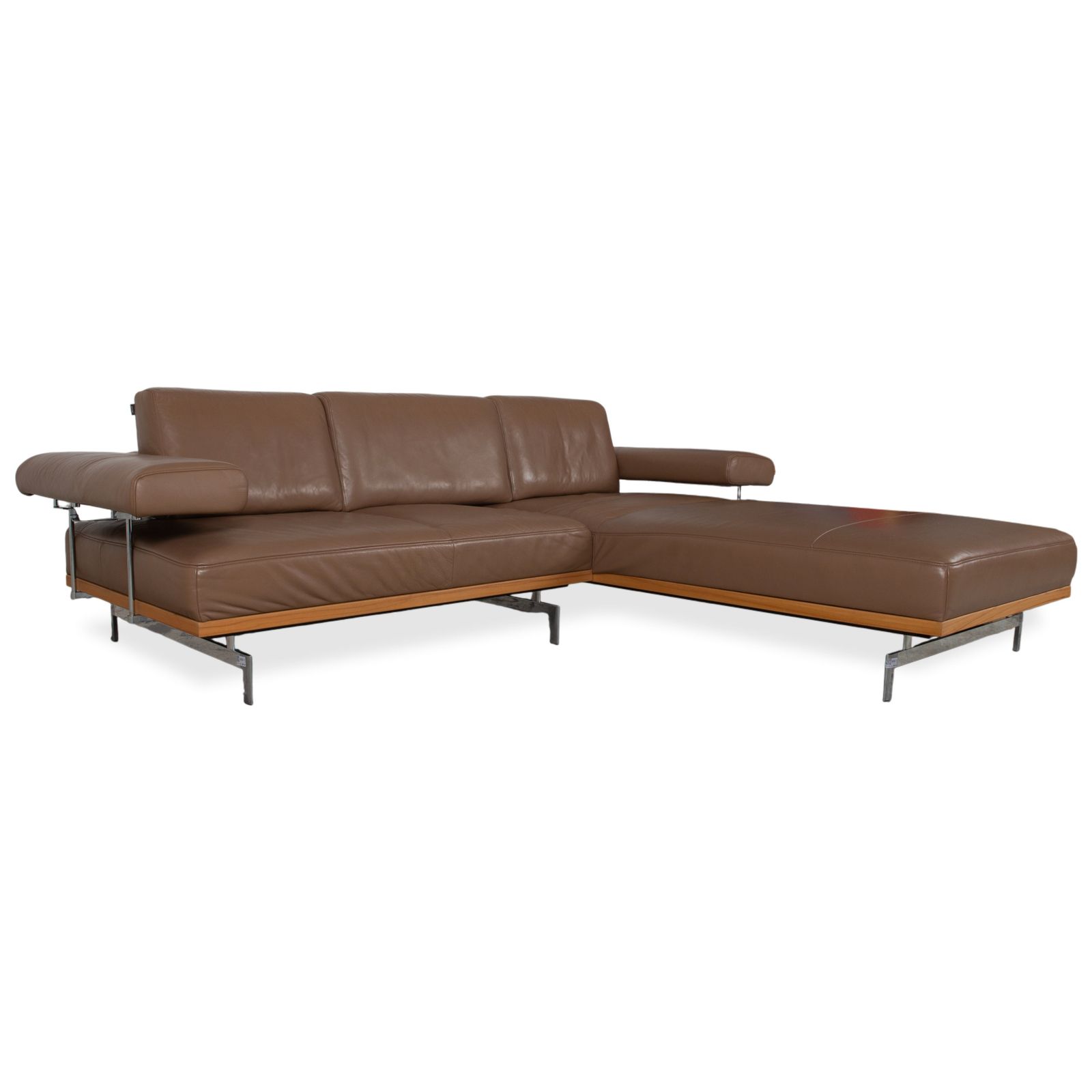 Canapé d'angle Joop 24/7 en cuir, bois et chrome, caramel brun, fonction manuelle