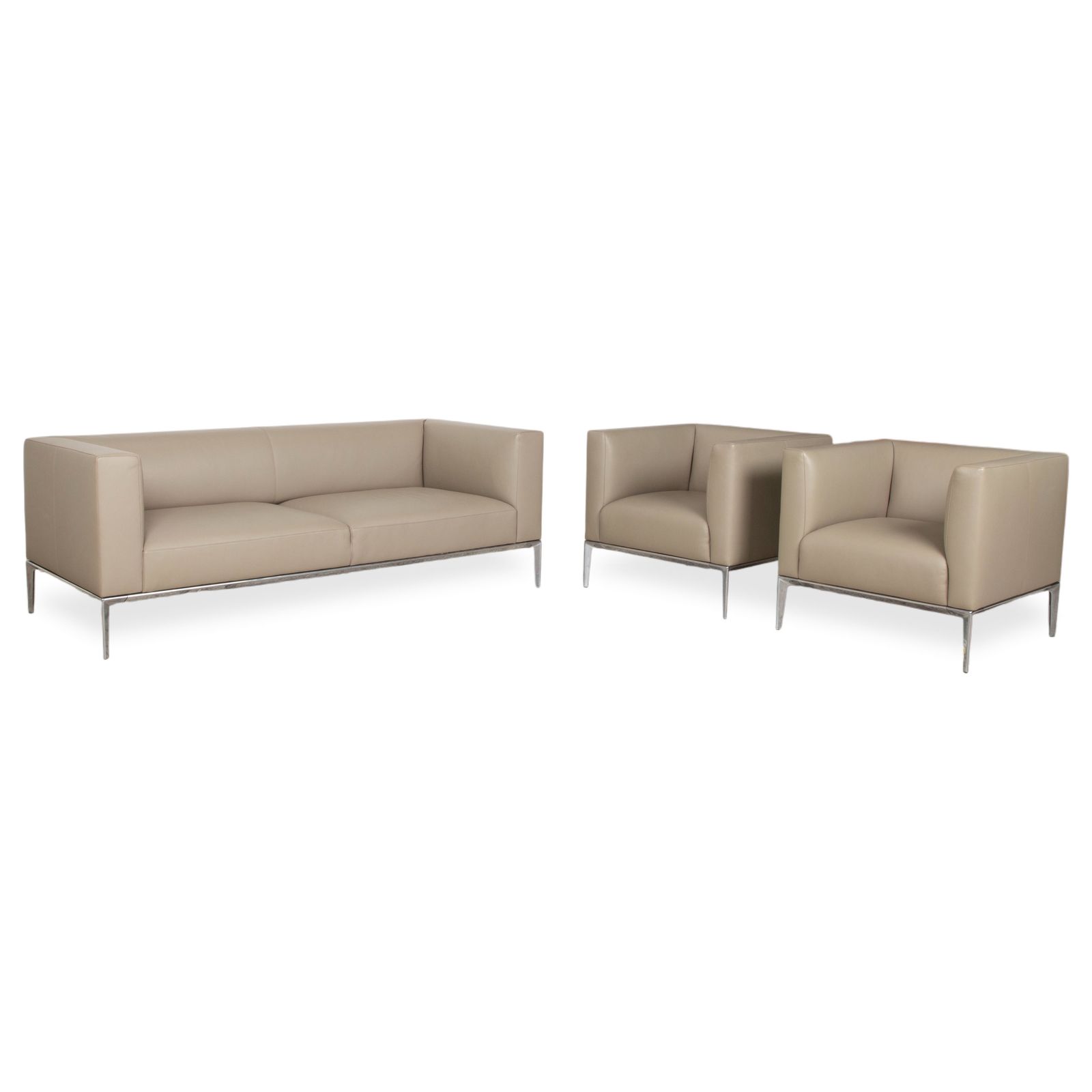 Walter Knoll Jaan leren chromen driezitsbank, 2 fauteuils, crème beige