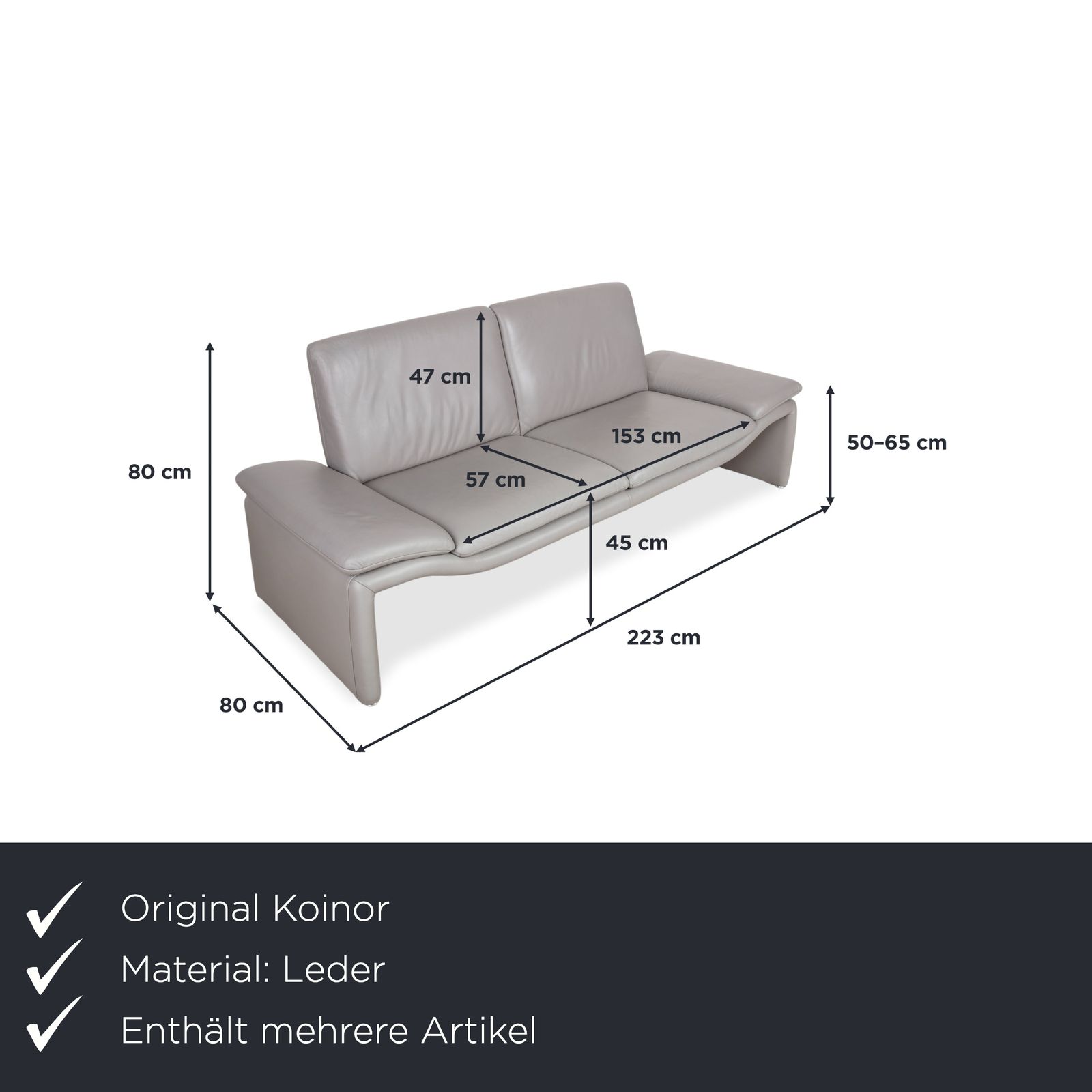 Canapé 3 places et pouf Koinor en cuir gris, fonction manuelle photo furniture