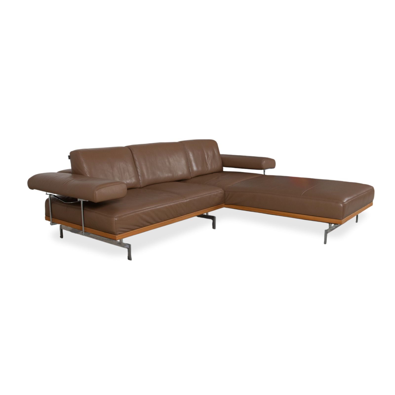 Canapé d'angle Joop 24/7 en cuir, bois et chrome avec repose-pieds, caramel, fonction manuelle photo vinterior
