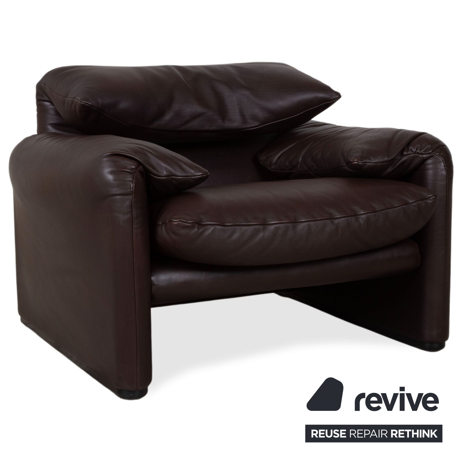 Canapé 3 places et fauteuil Cassina Maralunga en cuir brun espresso, fonction manuelle photo vintage