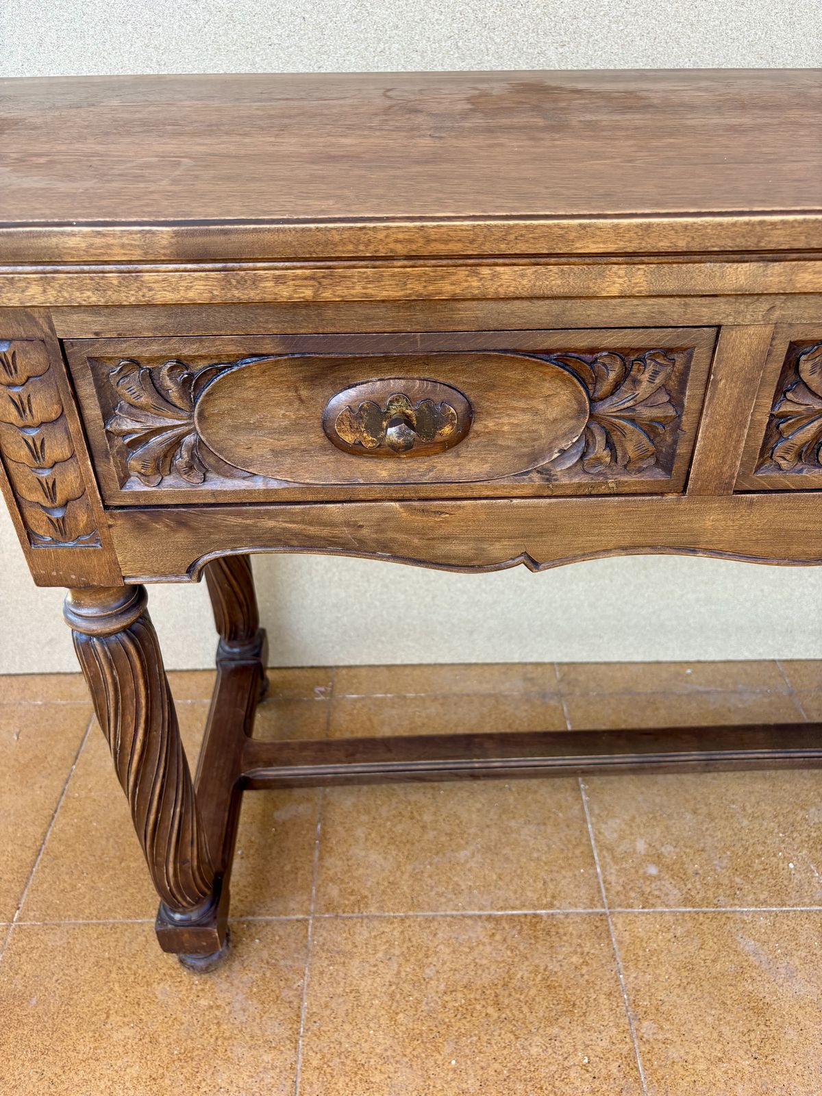 Spanish Walnut Drop Leaf Table With Three Drawers, 1930s photo vintage