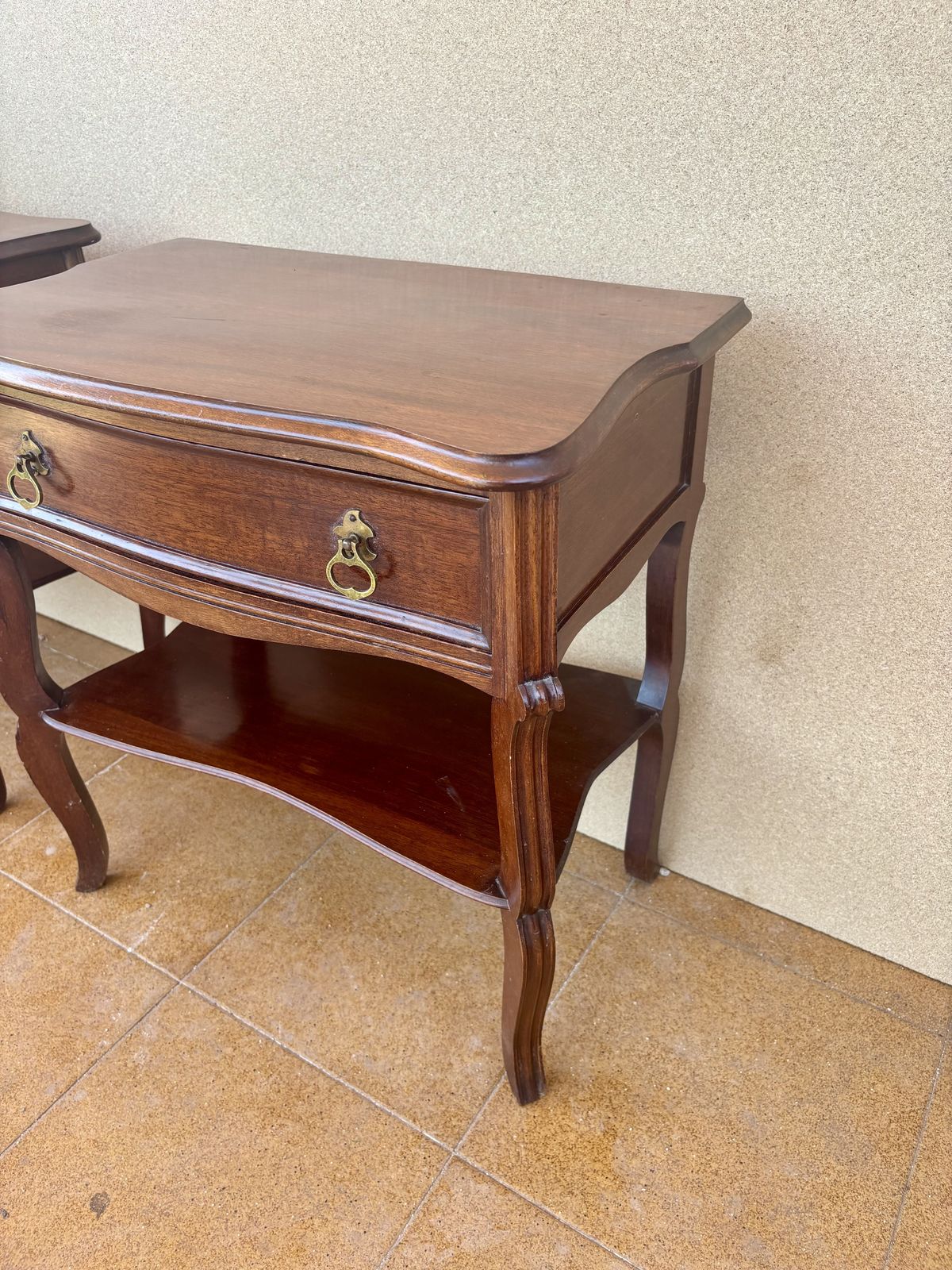 photo for sale Pair Of Spanish Wood Bedside Tables With Drawers And Lower Shelves, 1940s