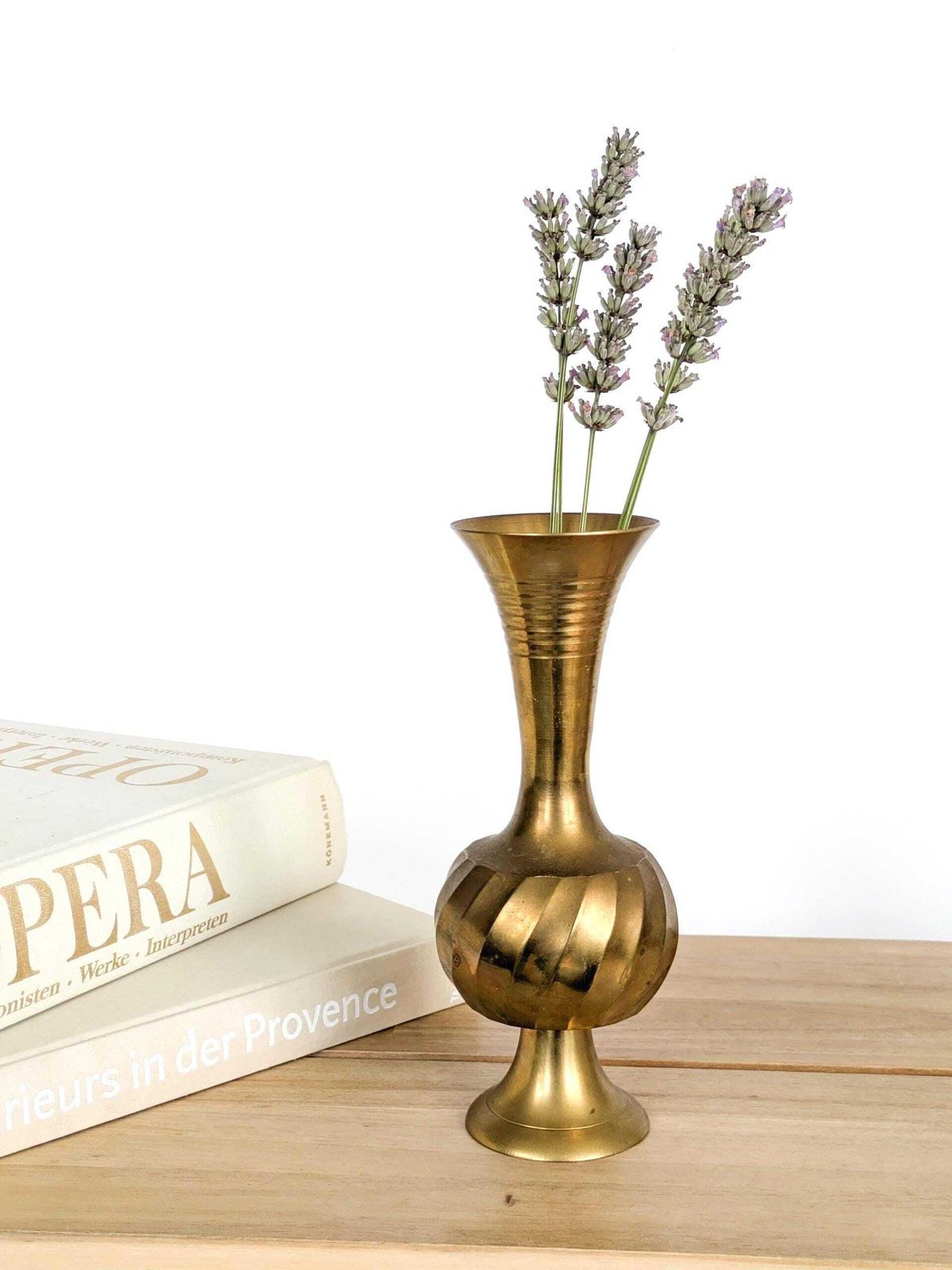 Vintage Brass Trumpet Shaped Pedestal Vase With Ribbed And Swirl Details Mcm Centerpiece photo for sale