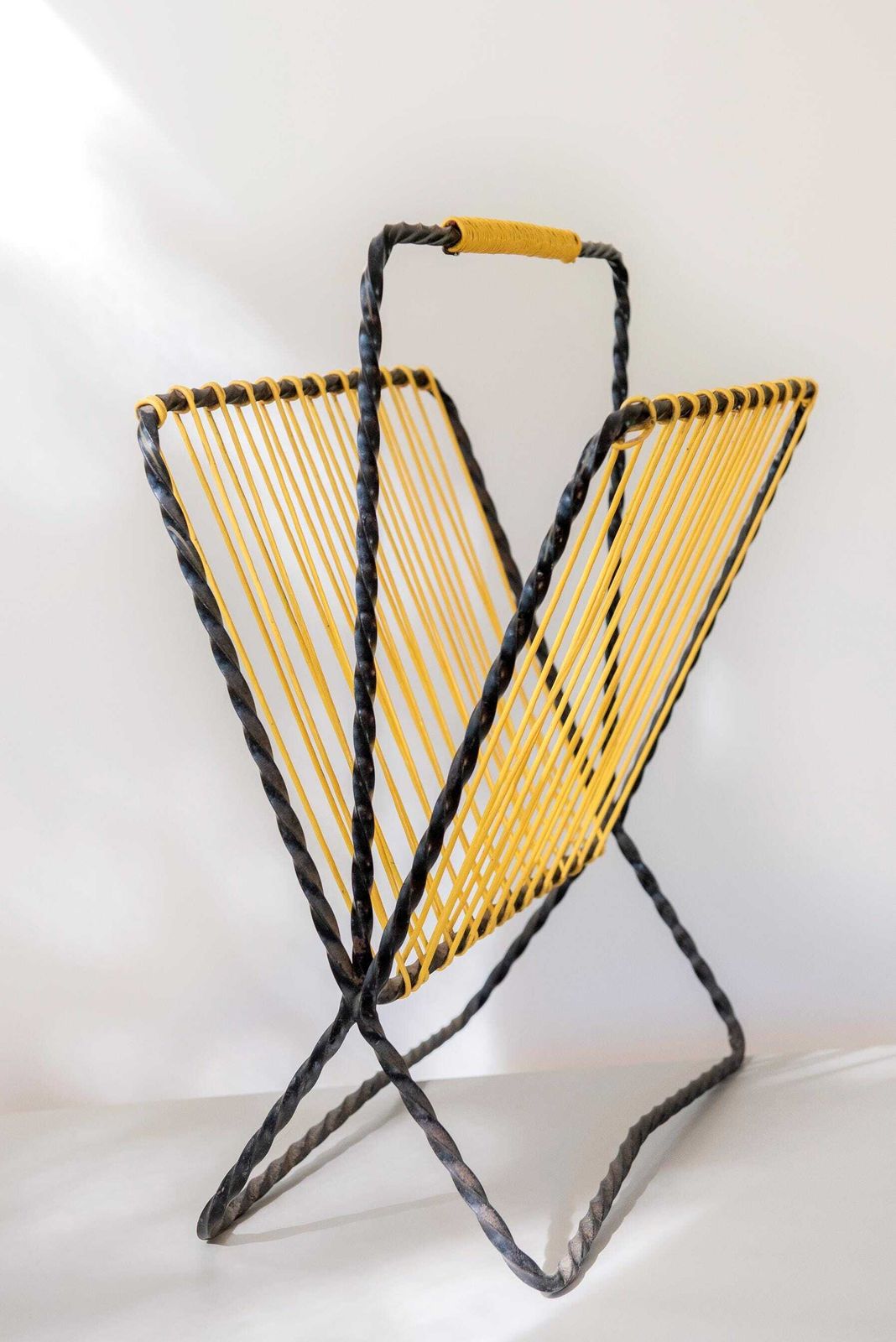 Vintage Mid Century Magazine Rack   1950s Yellow Cord Magazine Holder   Black Twisted Metal Newspaper Rack photo Home Decor