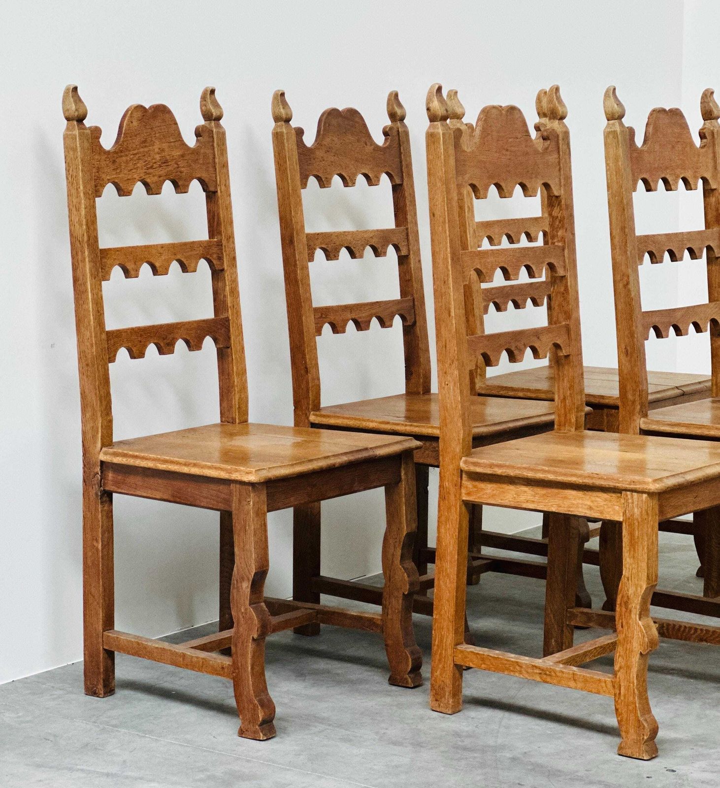 Set Of 6 Vintage Solid Oak High Back Dining Chairs – Rustic European / Spanish Revival Style photo furniture