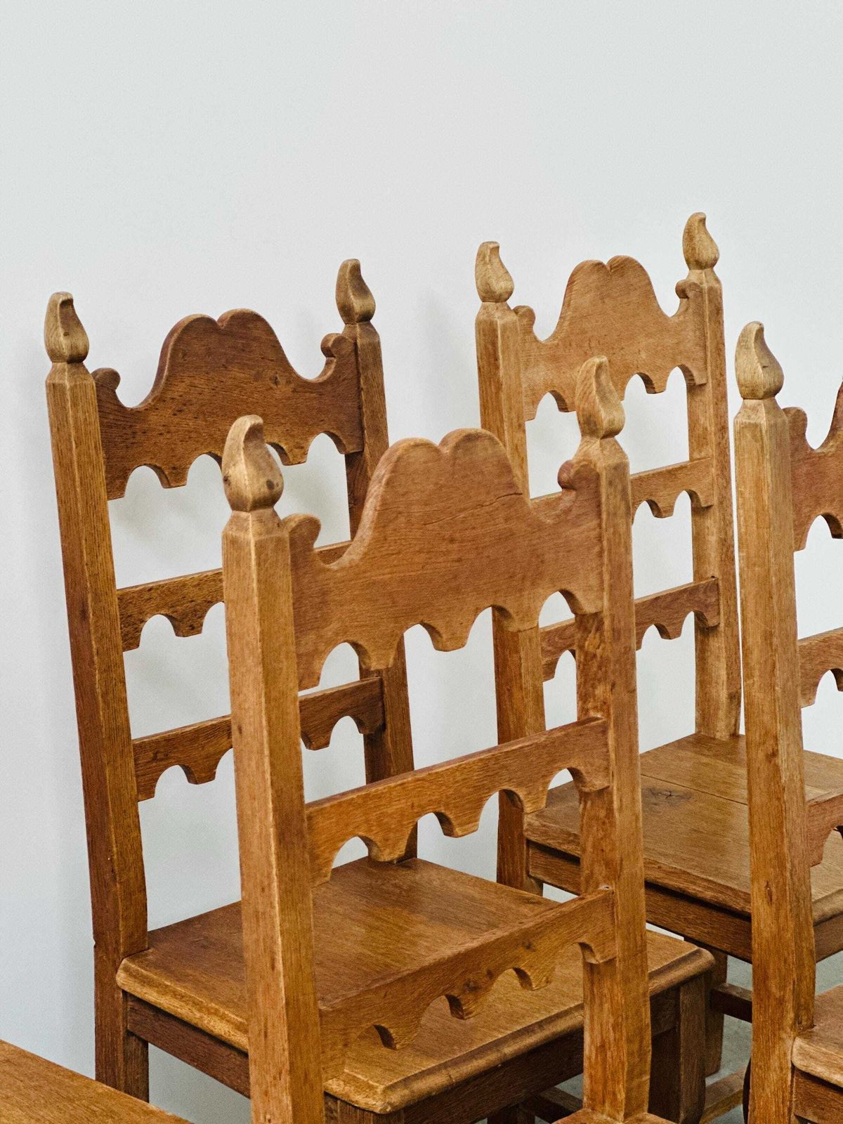 photo for sale Set Of 6 Vintage Solid Oak High Back Dining Chairs – Rustic European / Spanish Revival Style