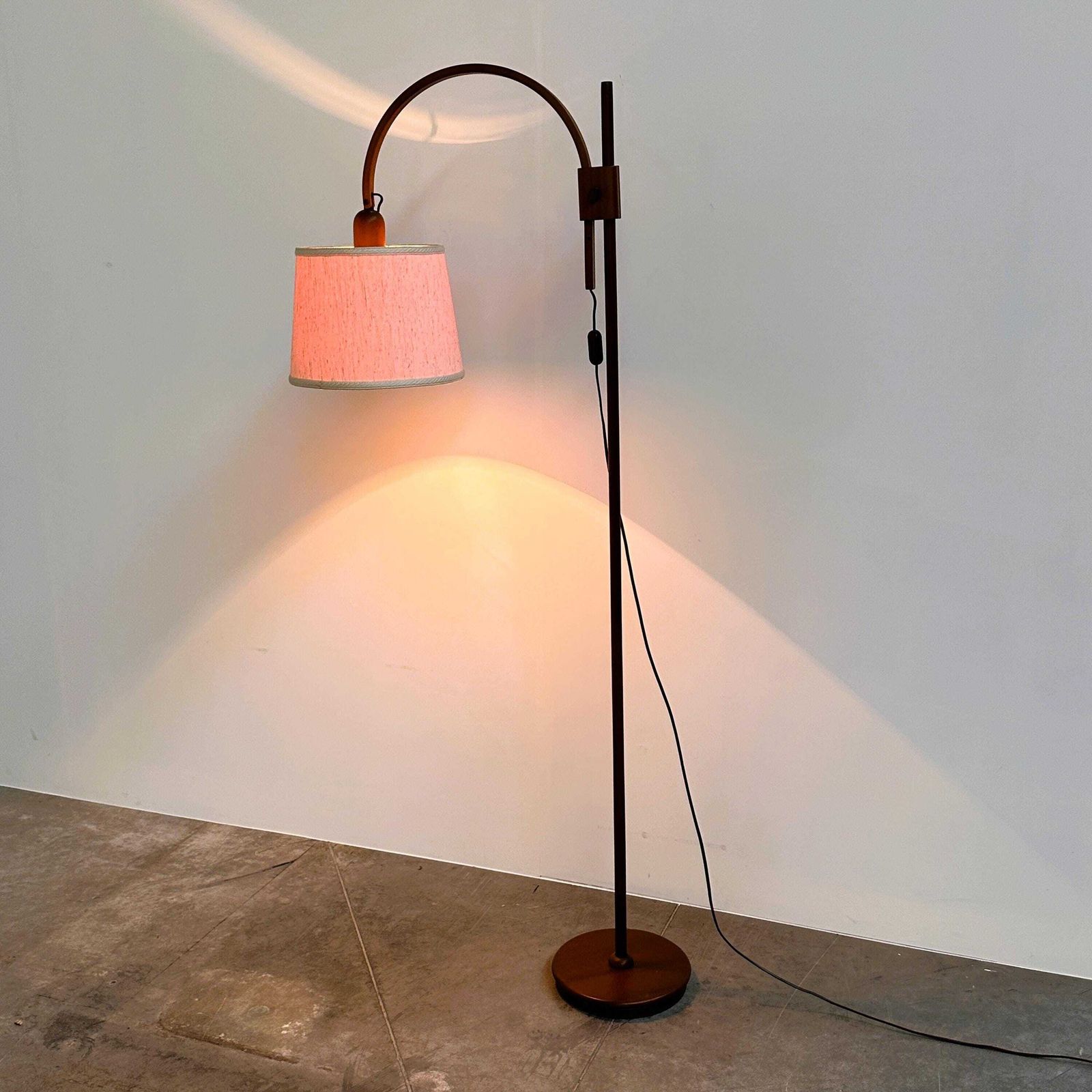 photo for sale Mid Century Modern Adjustable Teak Arc Floor Lamp With Fabric Shade, 1960s
