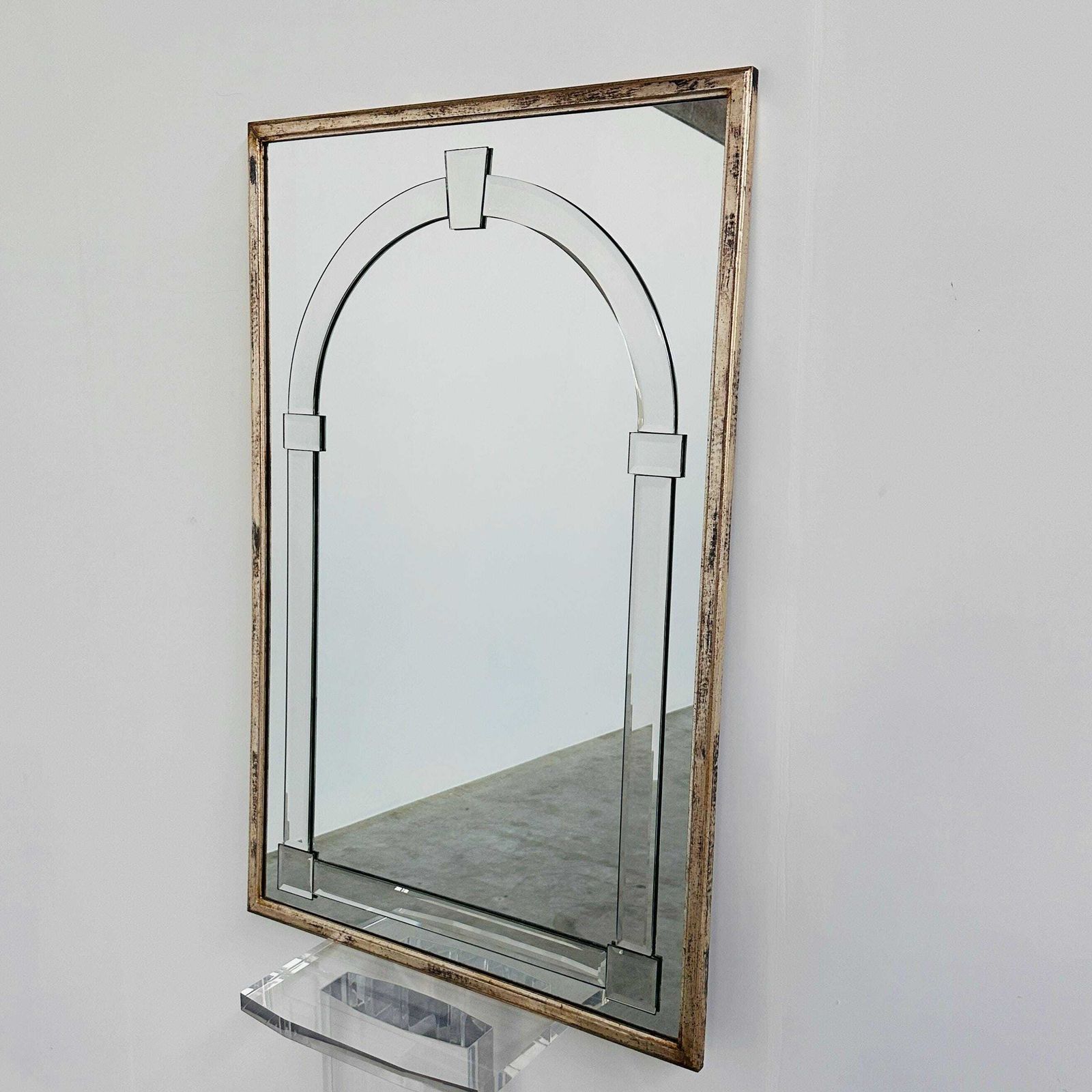 Large Art Deco Style Beveled Wall Mirror With Architectural Arch Design photo vinterior
