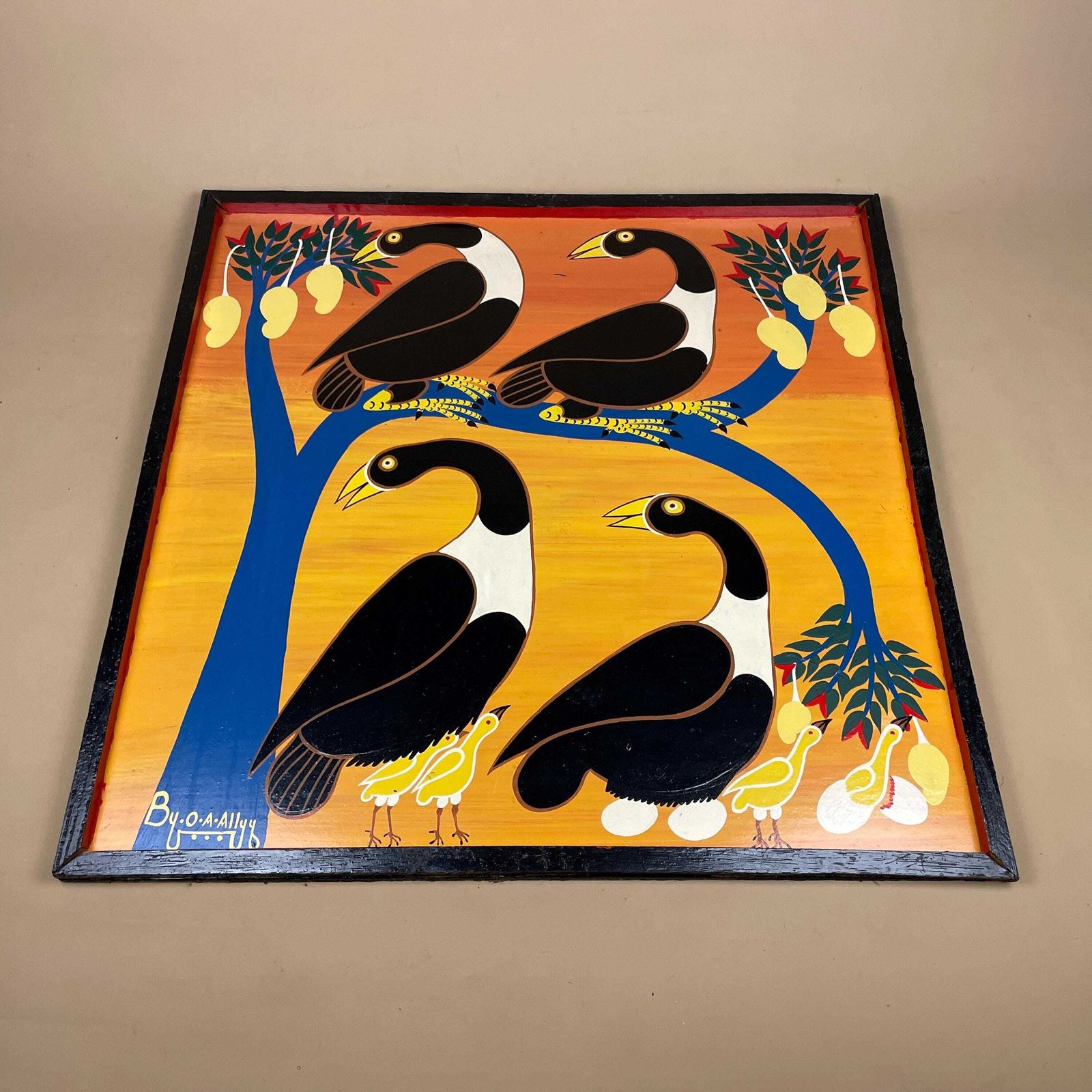 Vintage Tingatinga African Board Painting, Hand Painted Birds In Mango Tree, Signed O A Ally Tanzanian Folk Art, Framed Enamel Artwork