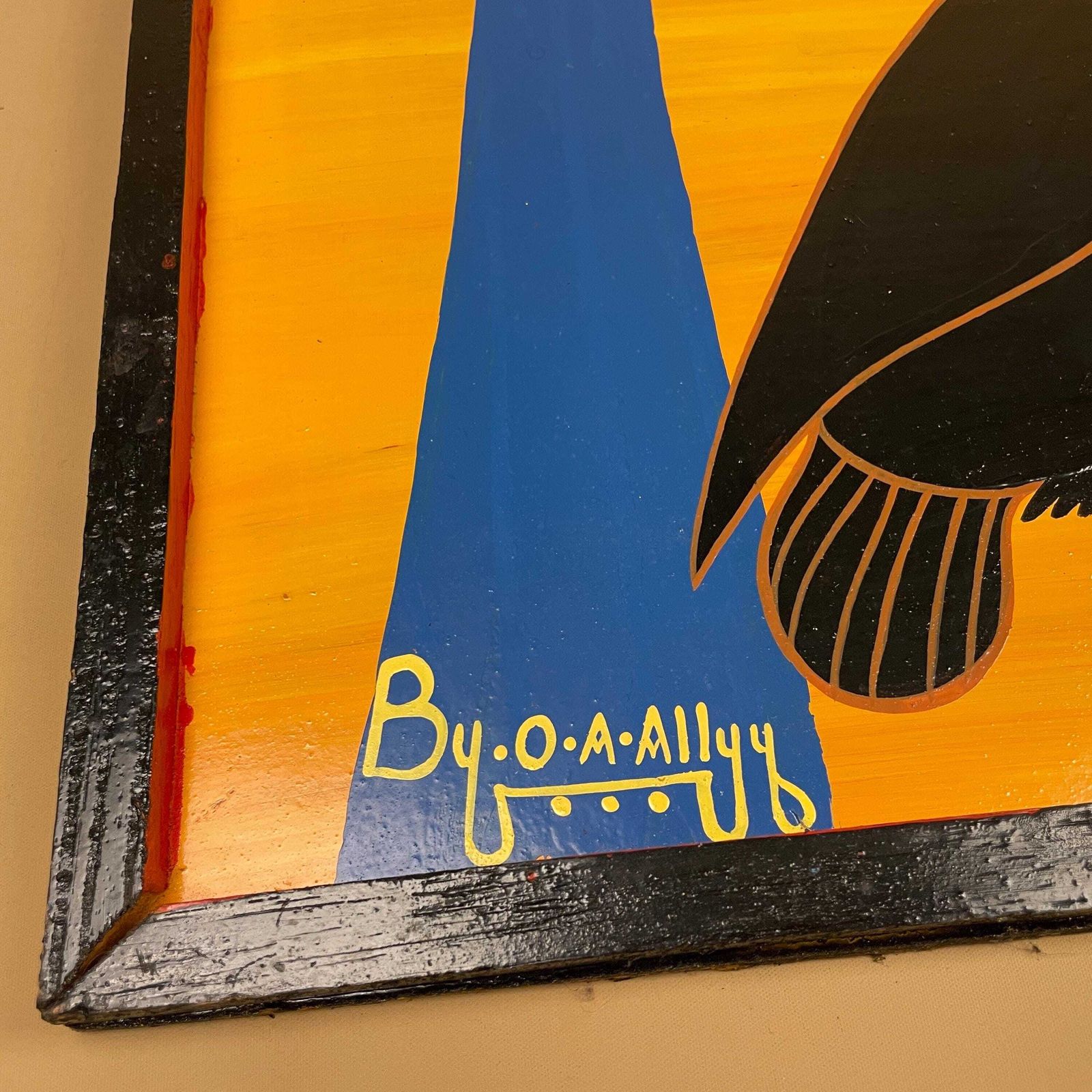 Vintage Tingatinga African Board Painting, Hand Painted Birds In Mango Tree, Signed O A Ally Tanzanian Folk Art, Framed Enamel Artwork photo for sale