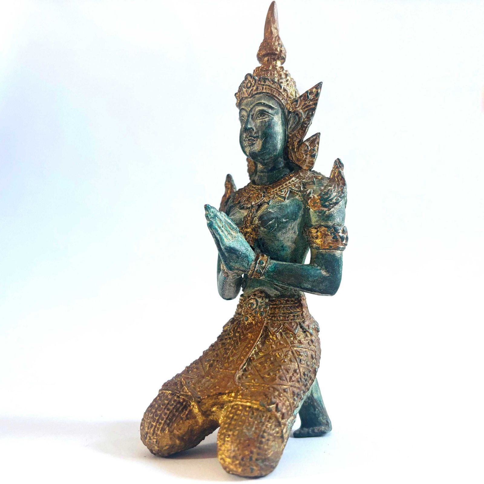 Vintage Thais bronzen Teppanom-beeld, knielende tempelwachter photo 145.0