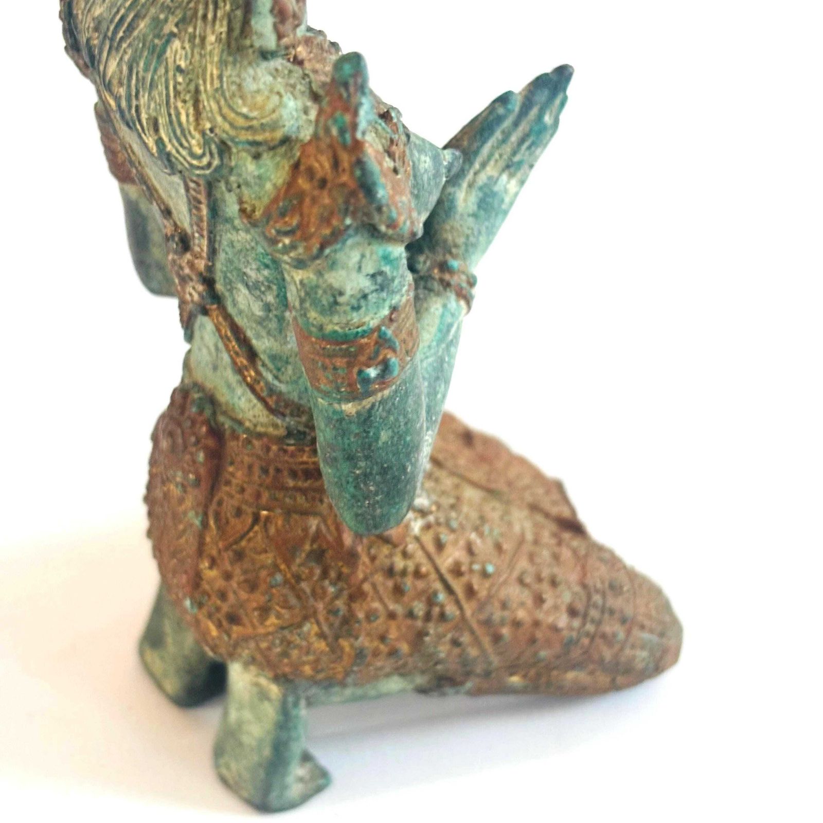 Vintage Thai Bronze Teppanom Statue – Kneeling Temple Guardian Angel Figure photo buy
