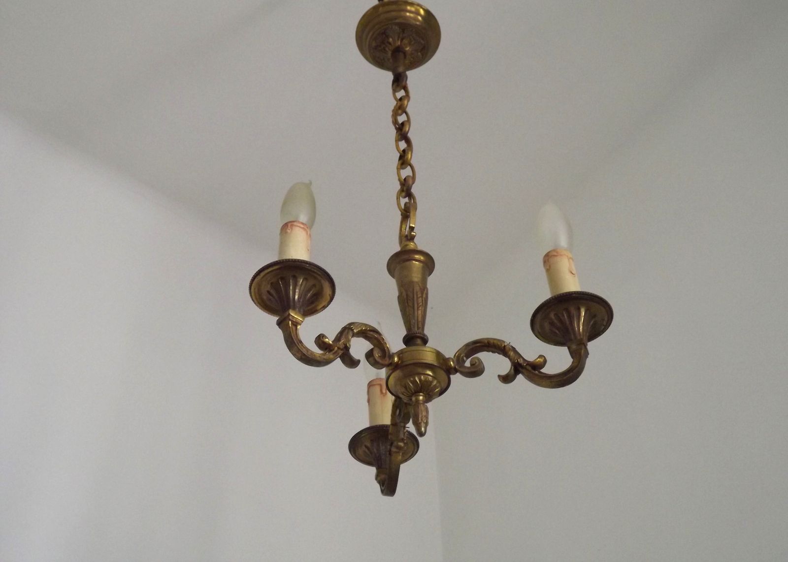 Petite French Antique 3 Light Quality Bronze Chandelier photo for sale