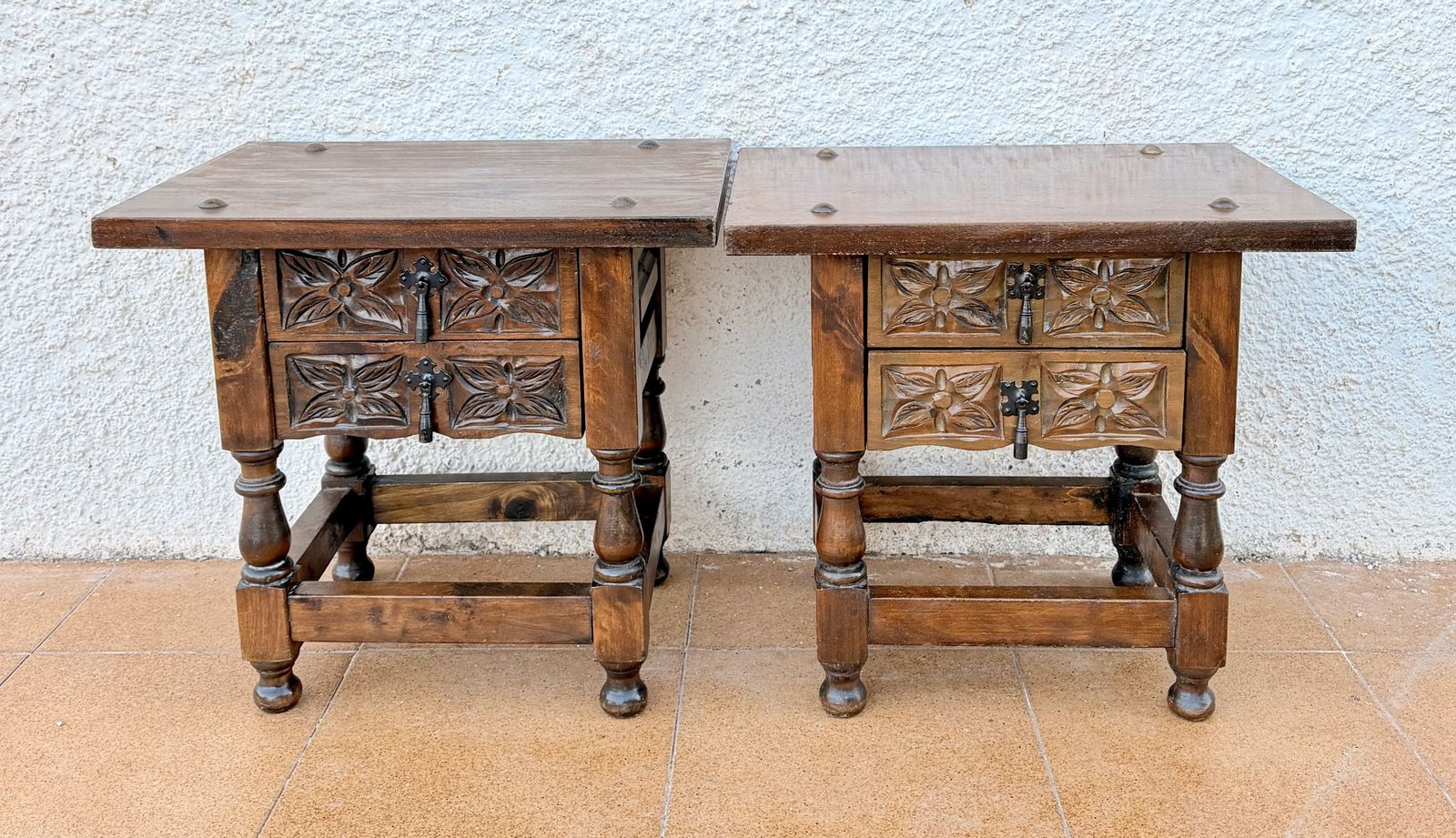Pair Of Spanish Carved Wood Bedside Tables With Floral Drawers, Mid 20th Century photo furniture