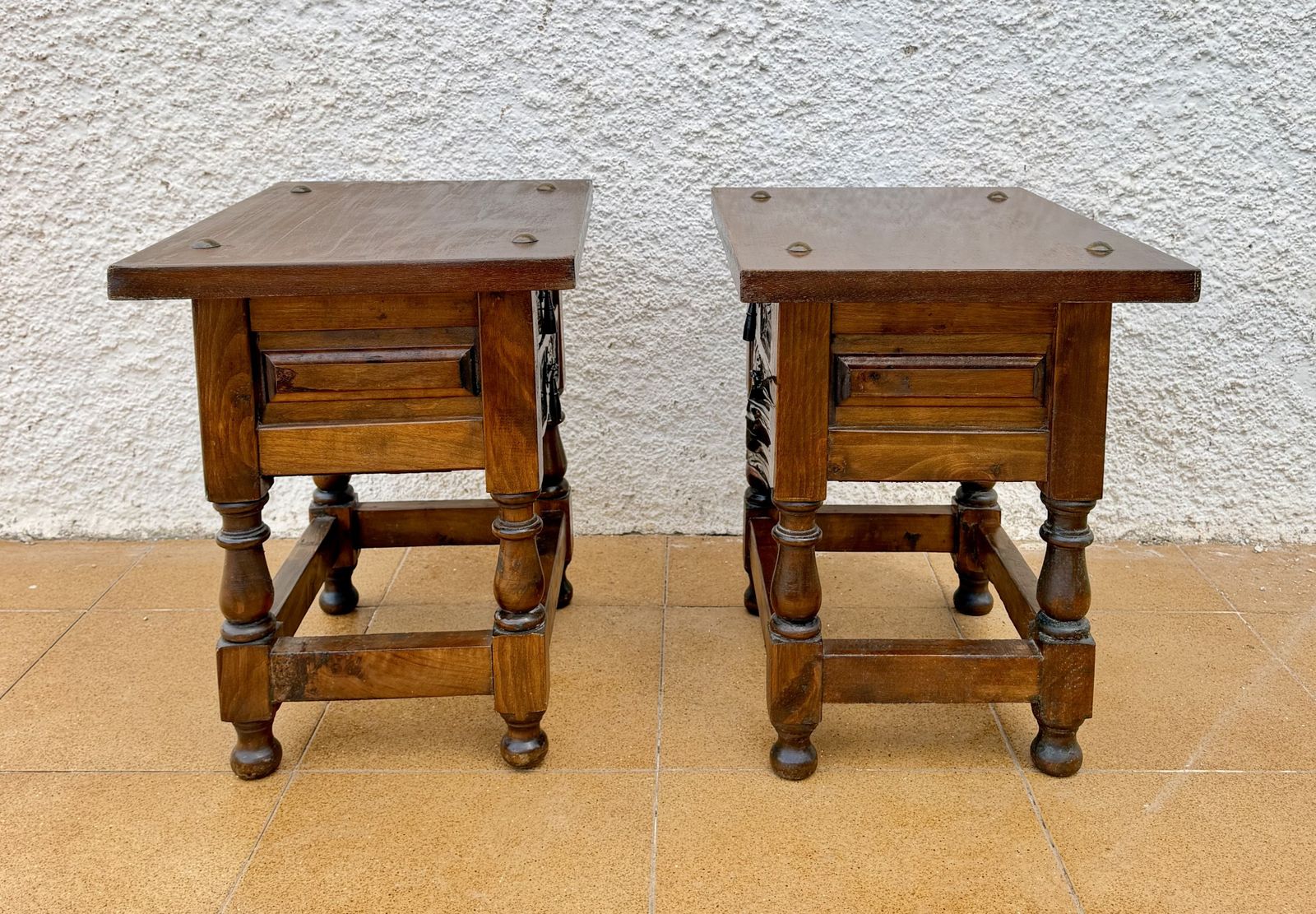 Pair Of Spanish Carved Wood Bedside Tables With Floral Drawers, Mid 20th Century photo vintage