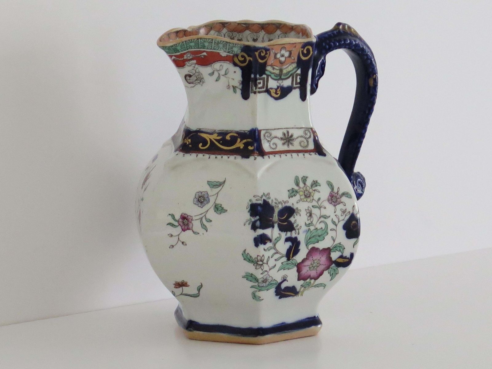 Mason's Ironstone Jug, Hexagonal Pitcher With Serpent Handle, 1830. photo for sale
