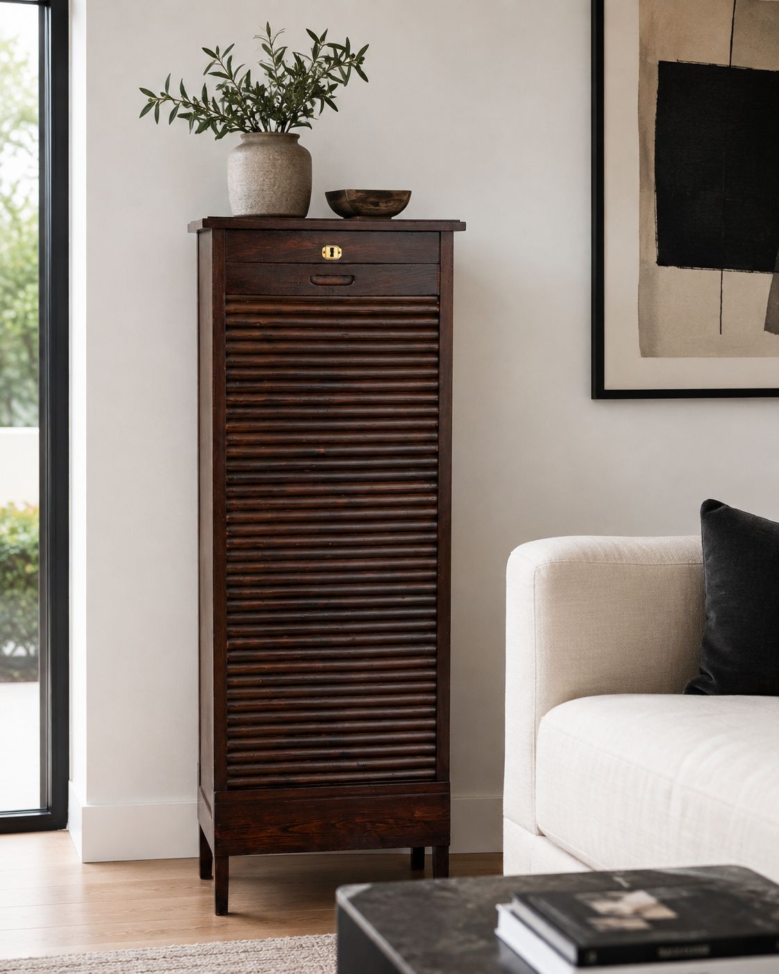 Antique Wooden Tambour Roll Front Filing Cabinet With Pull Out Document Trays photo furniture