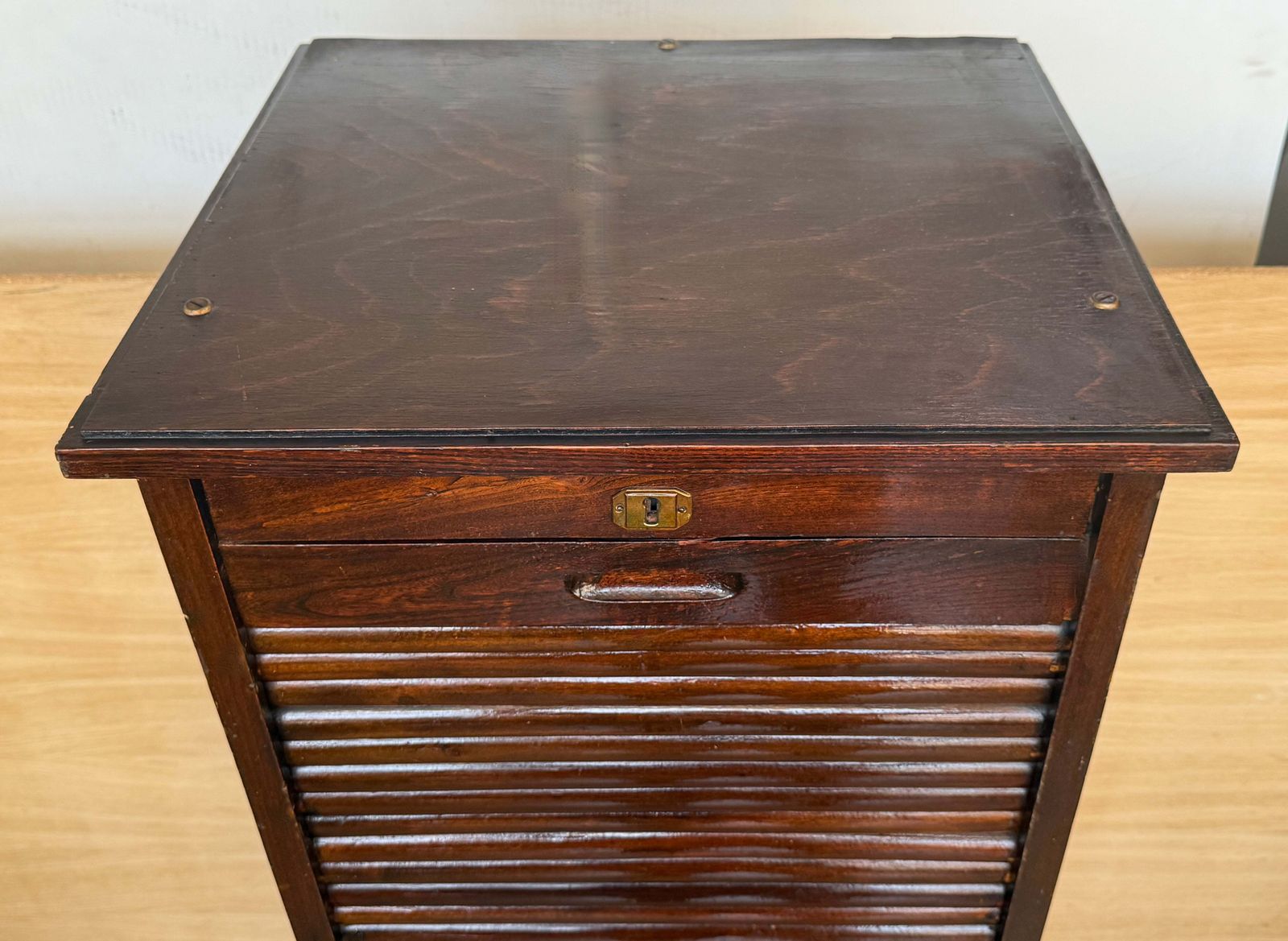 Antique Wooden Tambour Roll Front Filing Cabinet With Pull Out Document Trays photo 2529.0