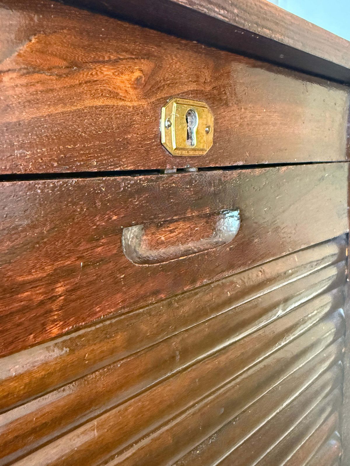 Antique Wooden Tambour Roll Front Filing Cabinet With Pull Out Document Trays photo vinterior