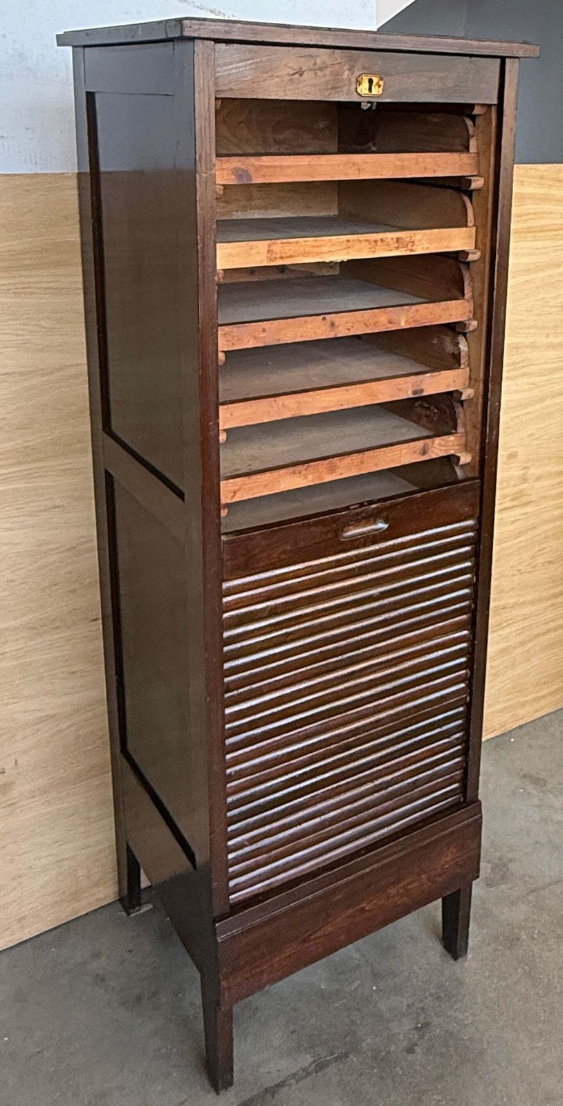 2529.0 Antique Wooden Tambour Roll Front Filing Cabinet With Pull Out Document Trays photo
