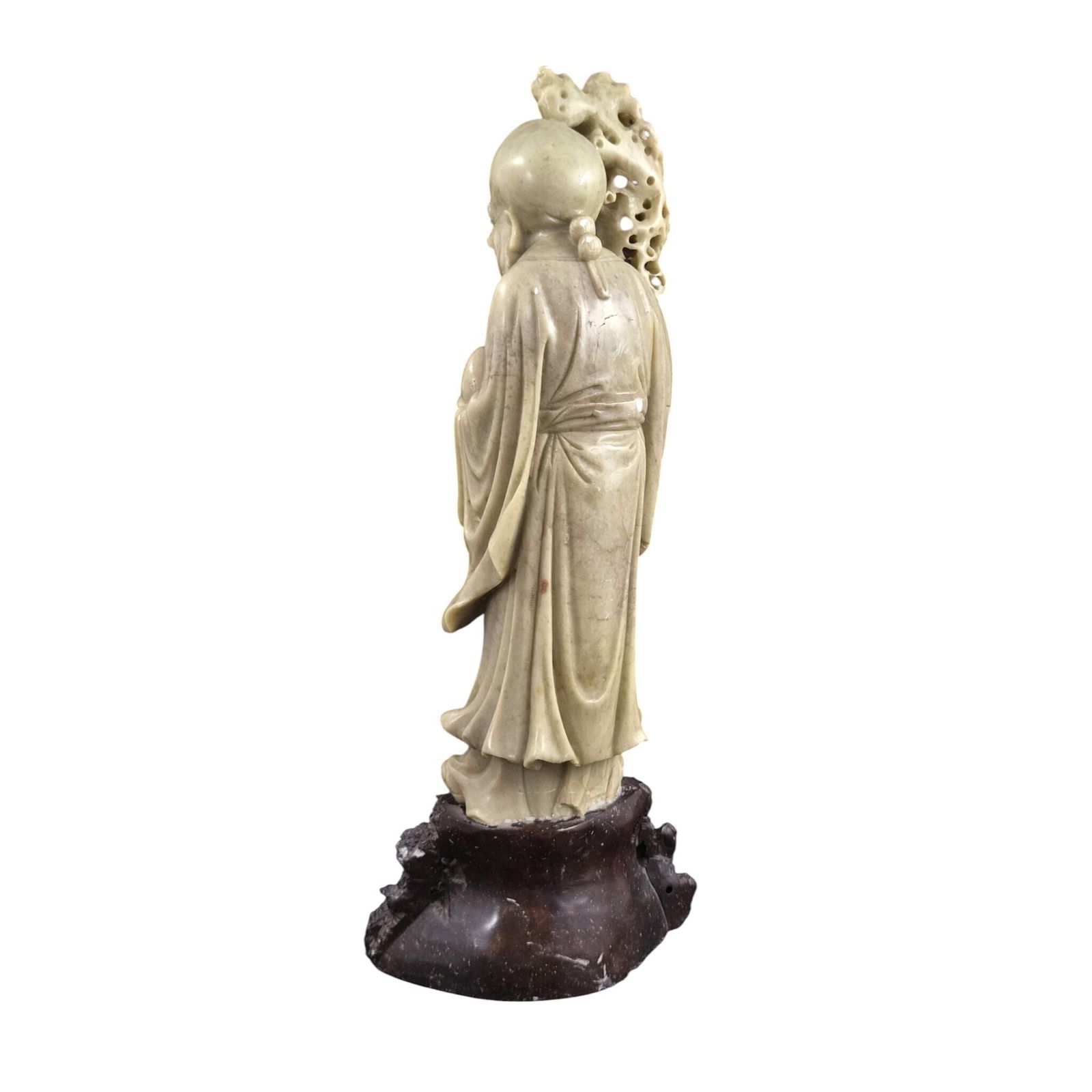 Chinees gesneden speksteen Shoulao sculptuur met stenen sokkel, ca. 1890 photo for sale