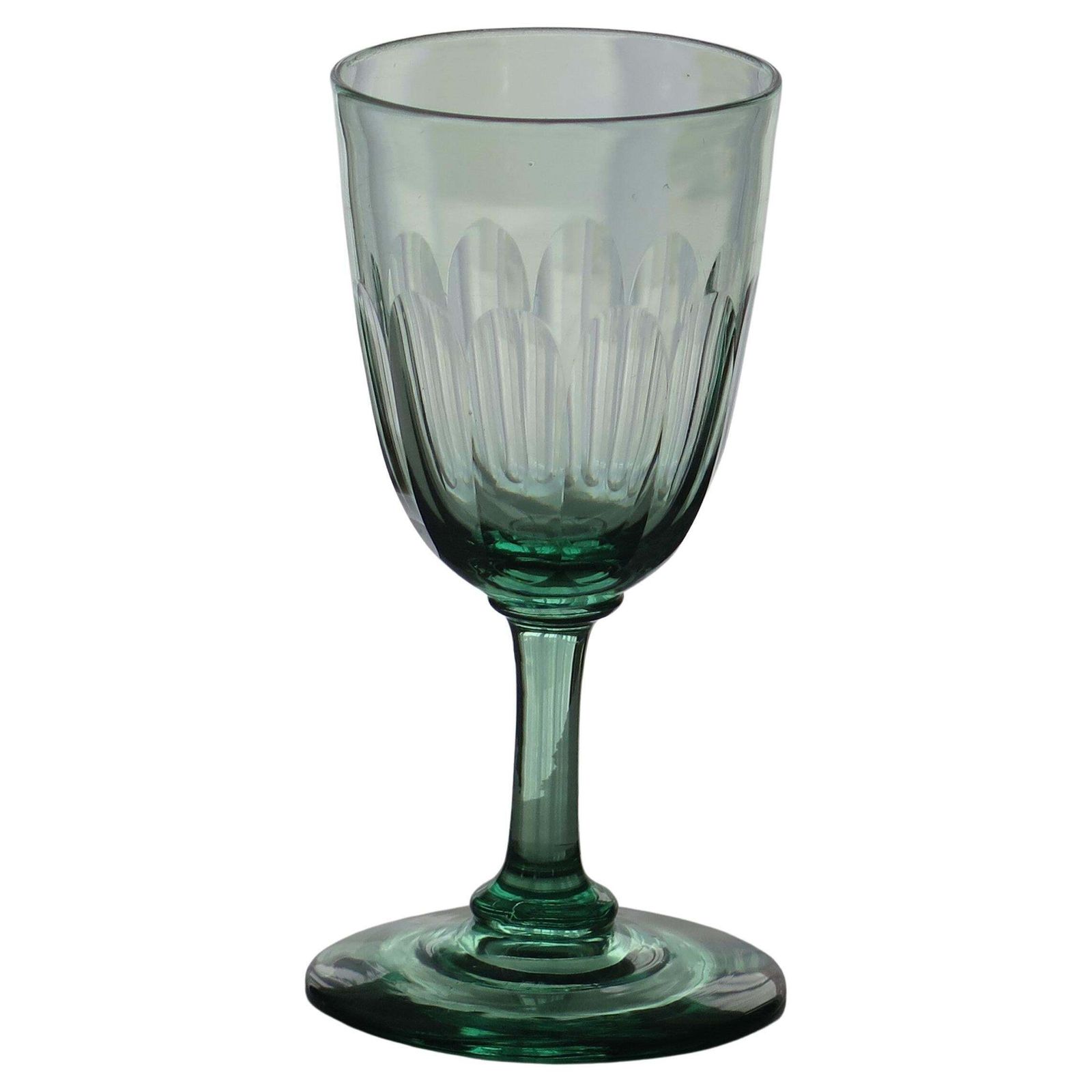 Hand Blown Light Green Wine Glass, Panel Cut Bowl, English, Circa 1840.