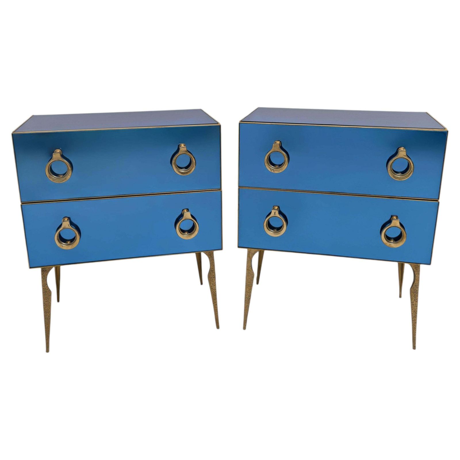Paar blauwe gespiegelde ladekassen met messing accenten, mid-century stijl