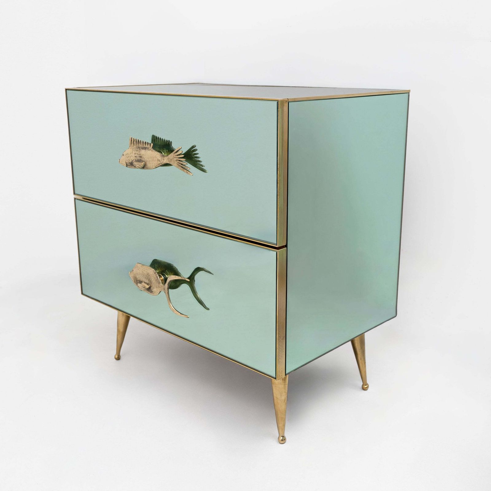 Pair Of Mid Century Aqua Green Mirrored Glass Nightstands With Brass Fish Handles photo for sale