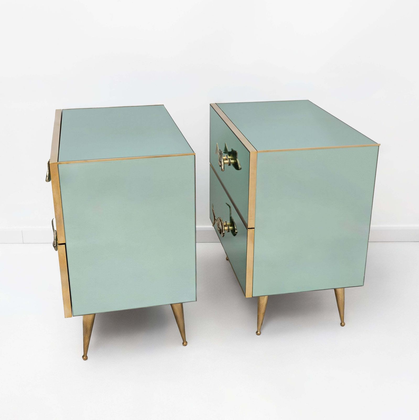 Pair Of Mid Century Aqua Green Mirrored Glass Nightstands With Brass Fish Handles photo 6111.0