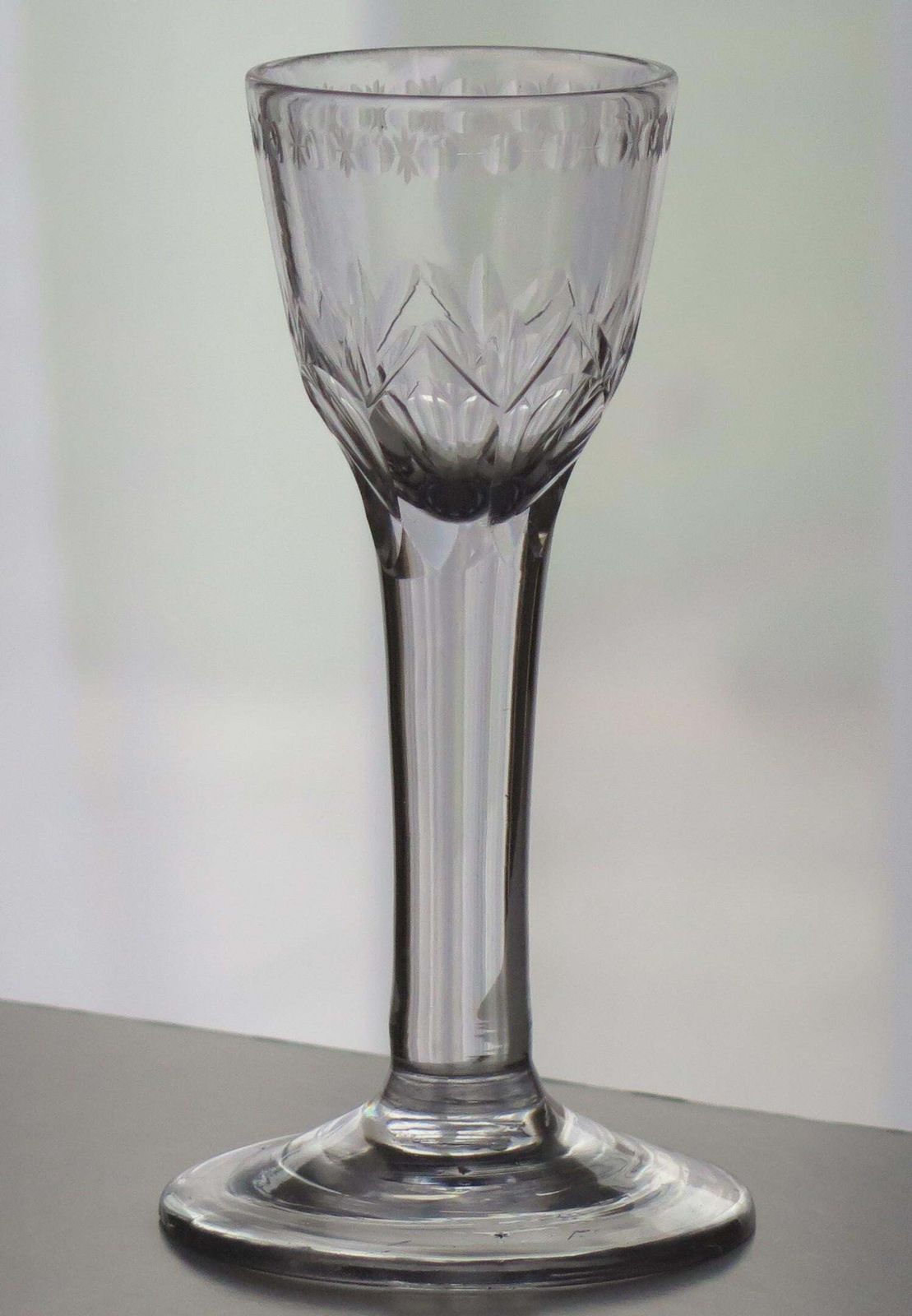 Mid Georgian Hand Blown Lead Glass Wine Glass, Engraved, Circa 1760. photo furniture