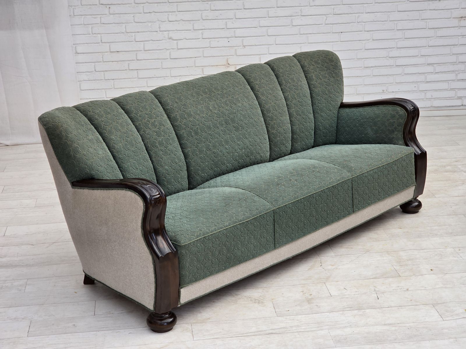 1960s, Danish 3 Seater Sofa, Furniture Wool, Oak Wood. photo furniture