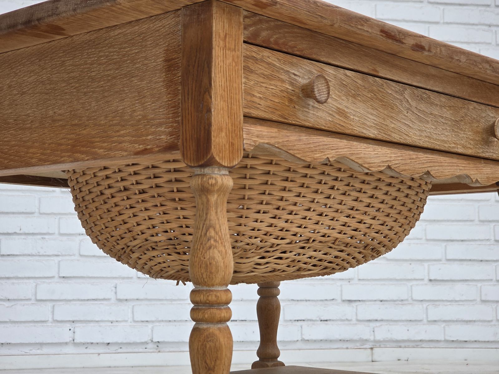 1970s, Scandinavian Side Table With Drawers, Solid Oak Wood, Rattan. photo Furniture