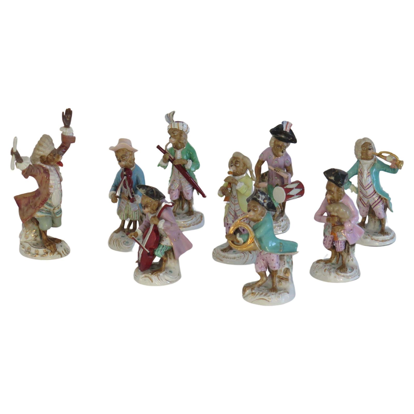 Sitzendorf Porcelain Monkey Band Figurines Set, 9 Pieces, ca. 1910 photo furniture