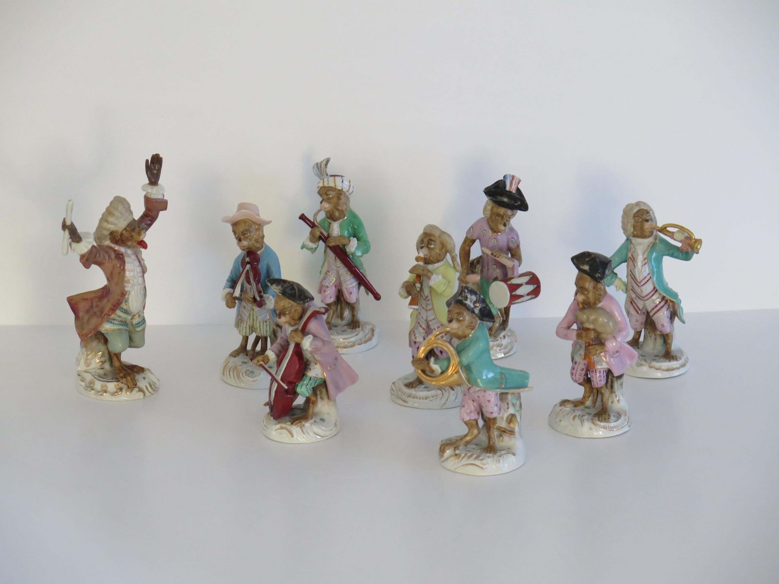 Sitzendorf Porcelain Monkey Band Figurines Set, 9 Pieces, ca. 1910 photo for sale